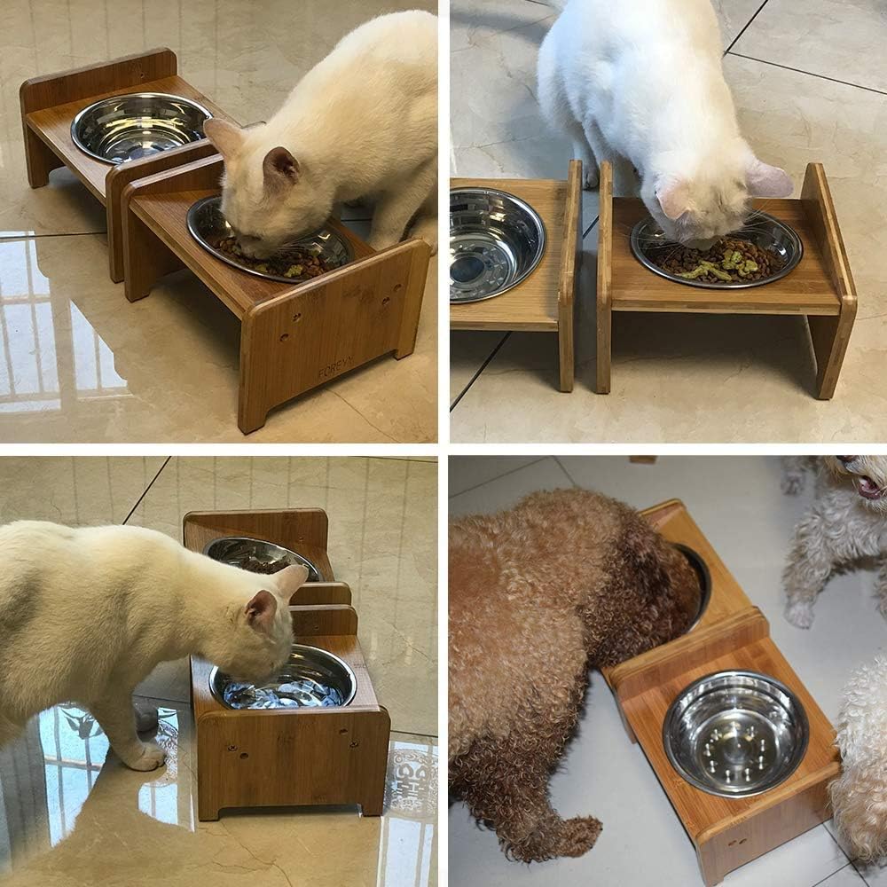 Small Elevated Bamboo and Stainless Steel Pet Bowls