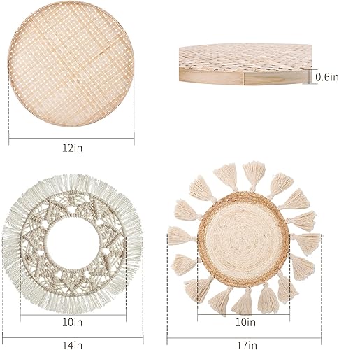 Vista 7 de LOCS MICRAI Juego de 3 cestas de pared bohemias, cesta tejida plana, decoración para colgar en la pared, borlas redondas, tapiz de macramé blanco