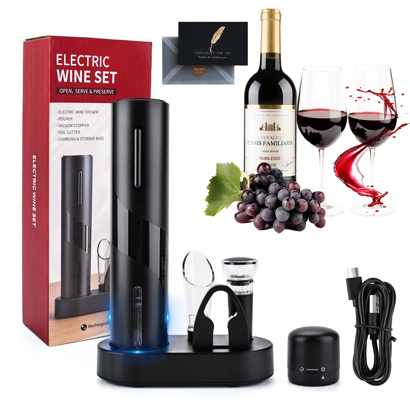 UCAMP 7 in 1 Sacacorchos Eléctrico Abridor de Vino Regalos Originales para Hombre con Abrebotellas, Cortador de Láminas, Tapones de Vacío, Boquilla Vertedora, Tapas de Sellado, Base de Carga y USB