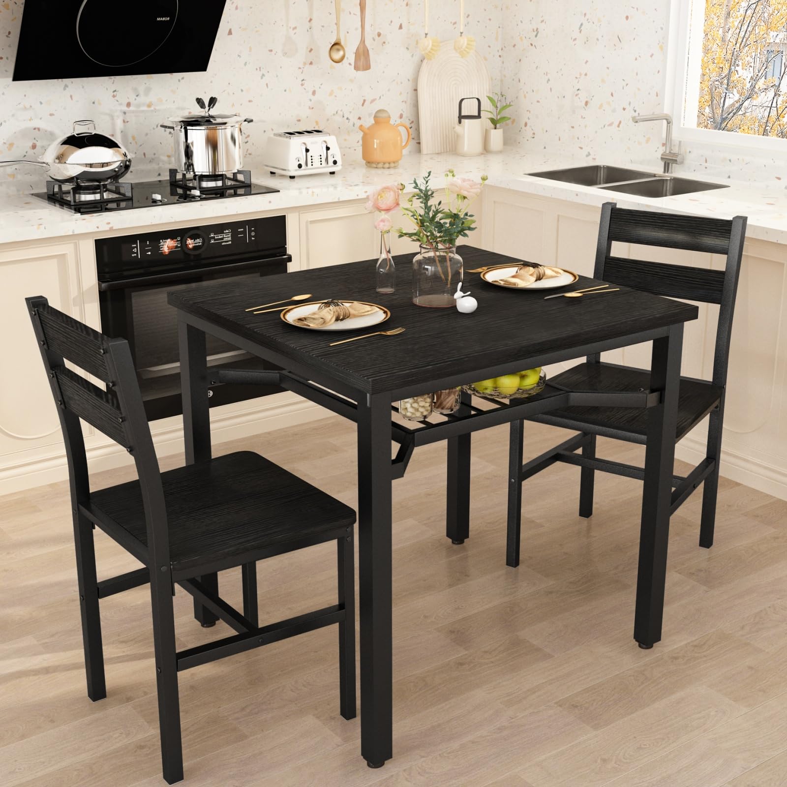 HOOSENG 3 Piece Dining Table Set, Wooden Dining Table and Chairs Set of 2,Compact Dining Room Set with Storage Shelf and Metal Legs for Kitchen/Apartment/Small Space,Black (Black)