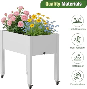 Elevated Raised Garden Bed with Wheels - Outdoor Mobile Resin Planter Box with Drainage Holes for Vegetables Flower Herbs, Weather Resistant (White)