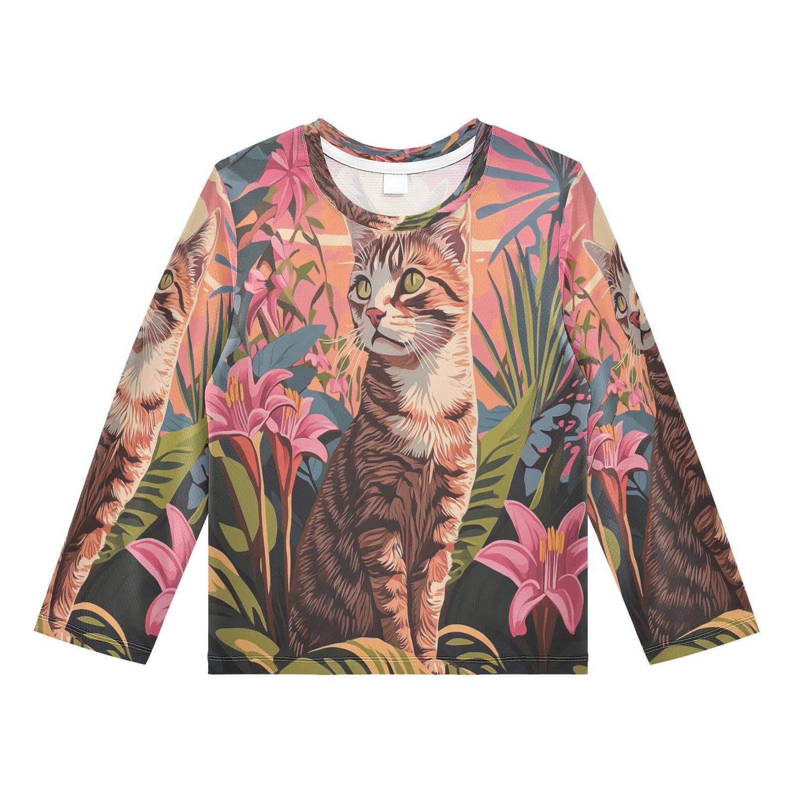 Tabby Cat Tropical Lilies Rash Guard Shirt for Boys Sun Protection Shirt for Beach Pool Sport UPF50+ 7-8T