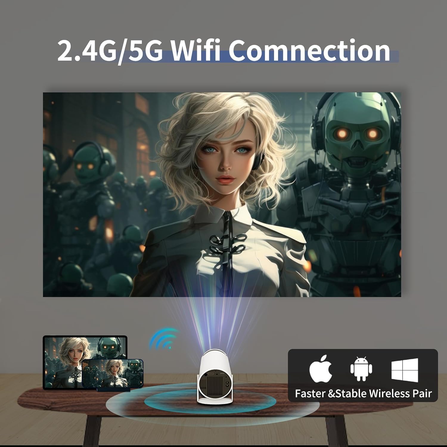 UCMDA Mini Proiettore Portatile 4K - Videoproiettore con Android 11, WiFi 6, BT 5.2, Correzione Trapezoidale, 180°Rotabile Proiettore Home Theater, Proiettore per Esterni Compatibile con TV Stick/iOS