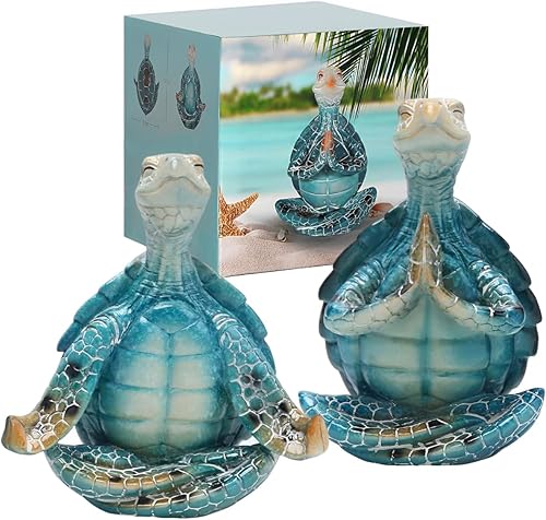 Juego de 2 figuras de yoga de tortuga marina para meditar, decoración de tortugas marinas de verano, manualidades de tortuga de jardín de primavera,