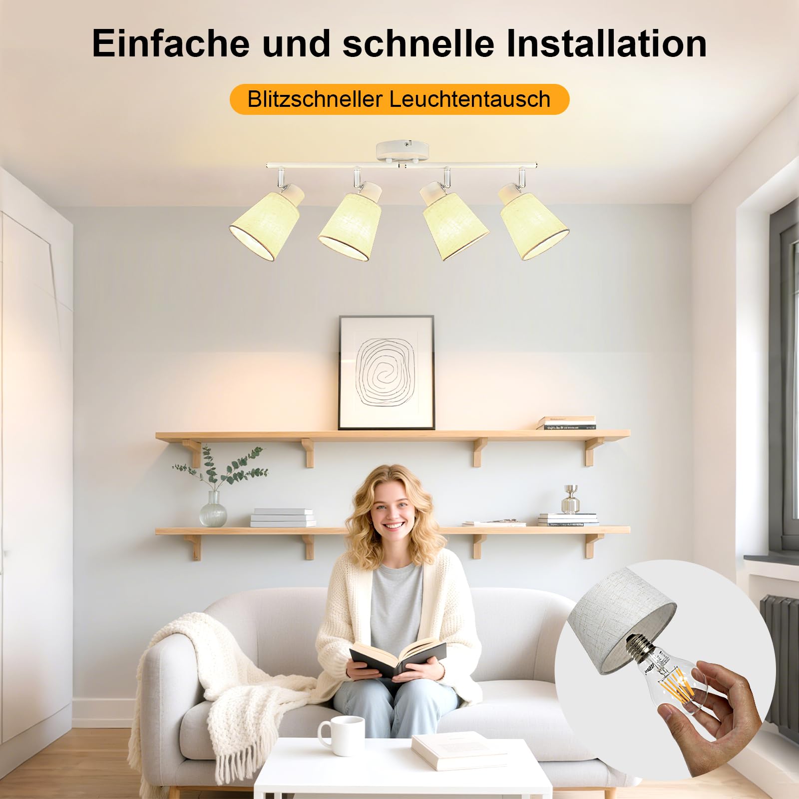 Deckenstrahler 4 Flammig Deckenlampe E27 Weiß | Deckenleuchte Schwenkbar 350°, Leinen Lampenschirm, für Wohnzimmer, Flur, Küche, Schlafzimmer, Ohne Leuchtmittel