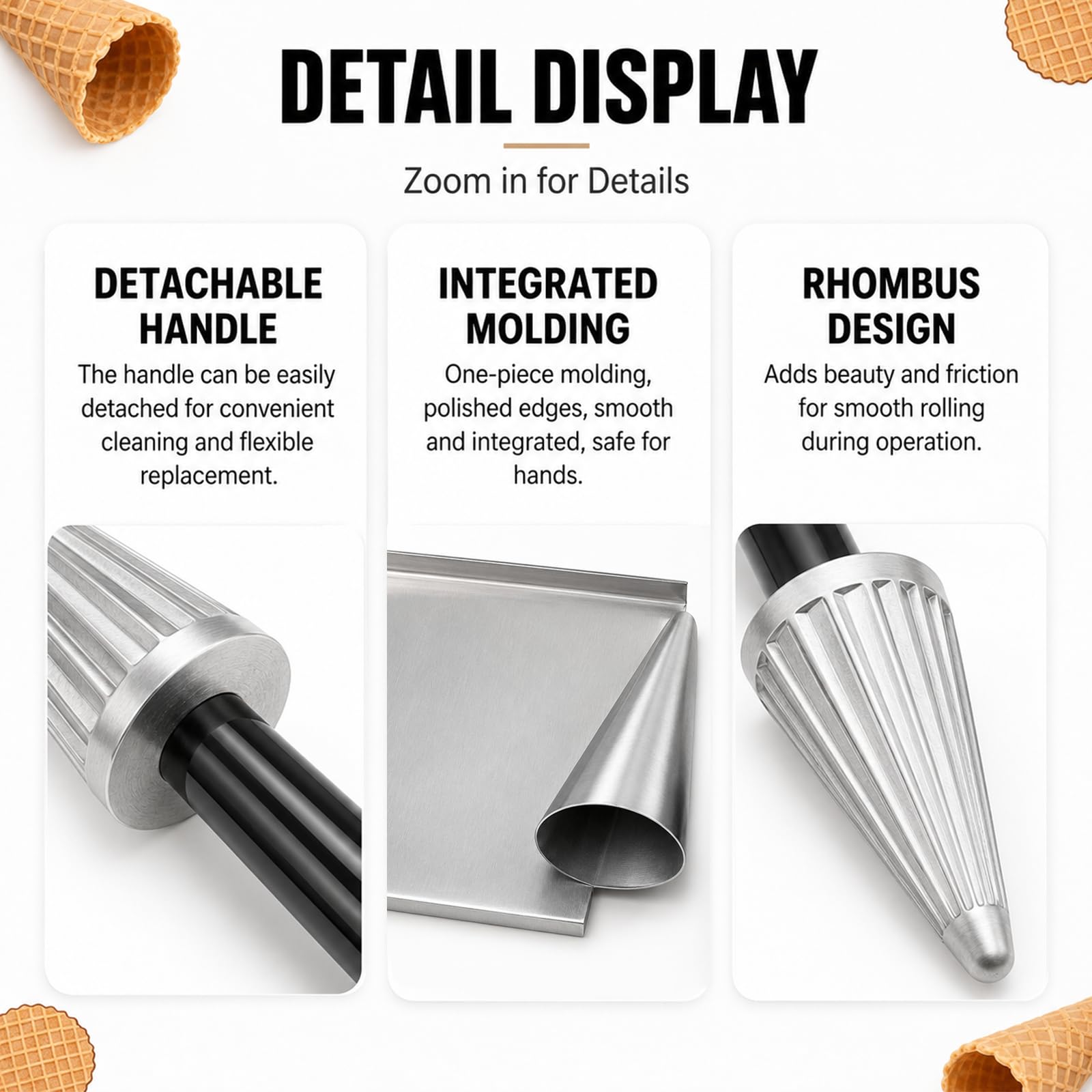 Moldeador de Conos de Gofre y Molde de Cono de Helado | Forma Lisa de Aluminio Fundido con Base Inox y Revestimiento Antiadherente para Conos Caseros, Cafeterías y Heladerías