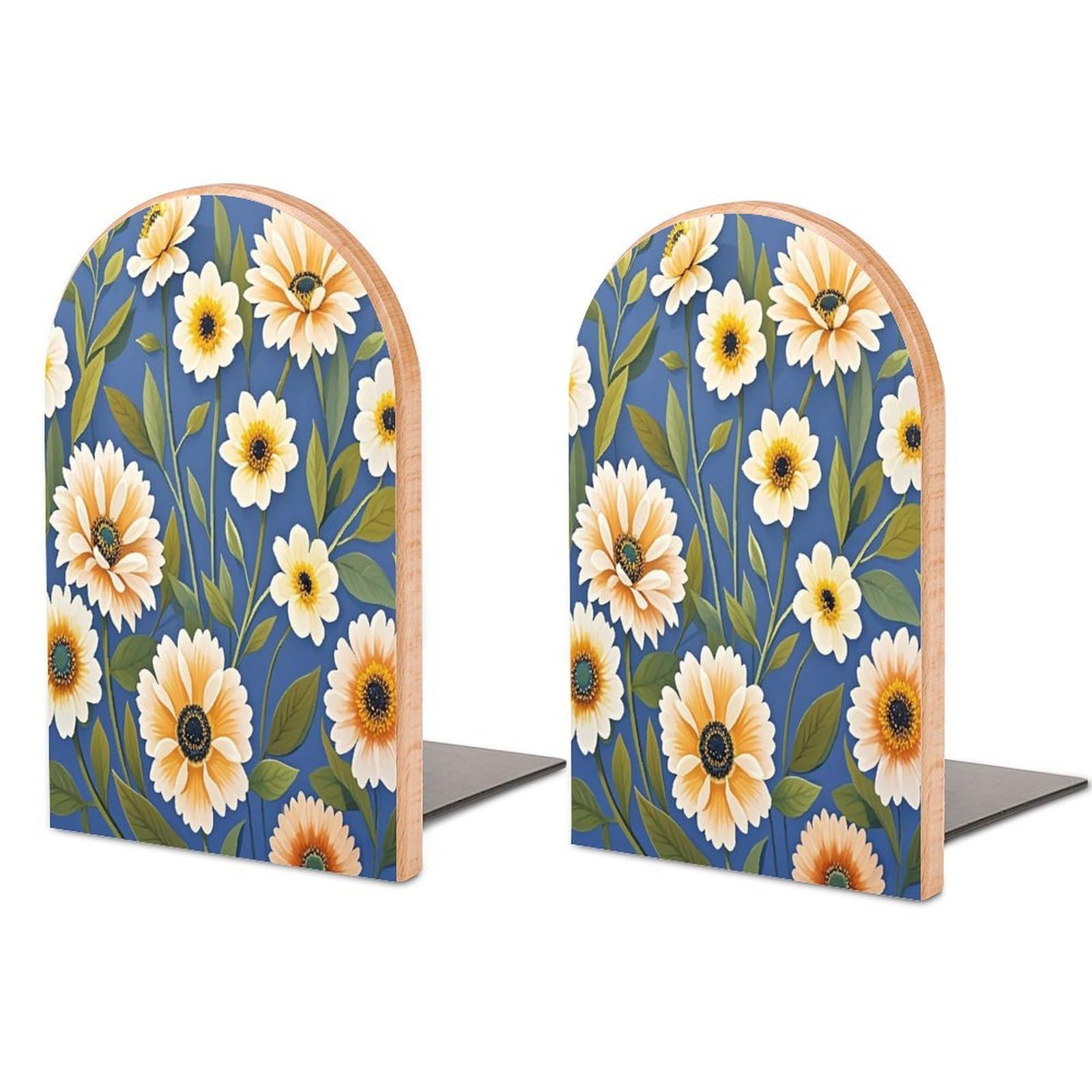 Flowers on Background Bookend for Shelves Unique Book End Sturdy Books Holder Heavy Duty Wooden Bookends Support Non-Slip Book Organizers Decorative Modern Bookend Holder for Home