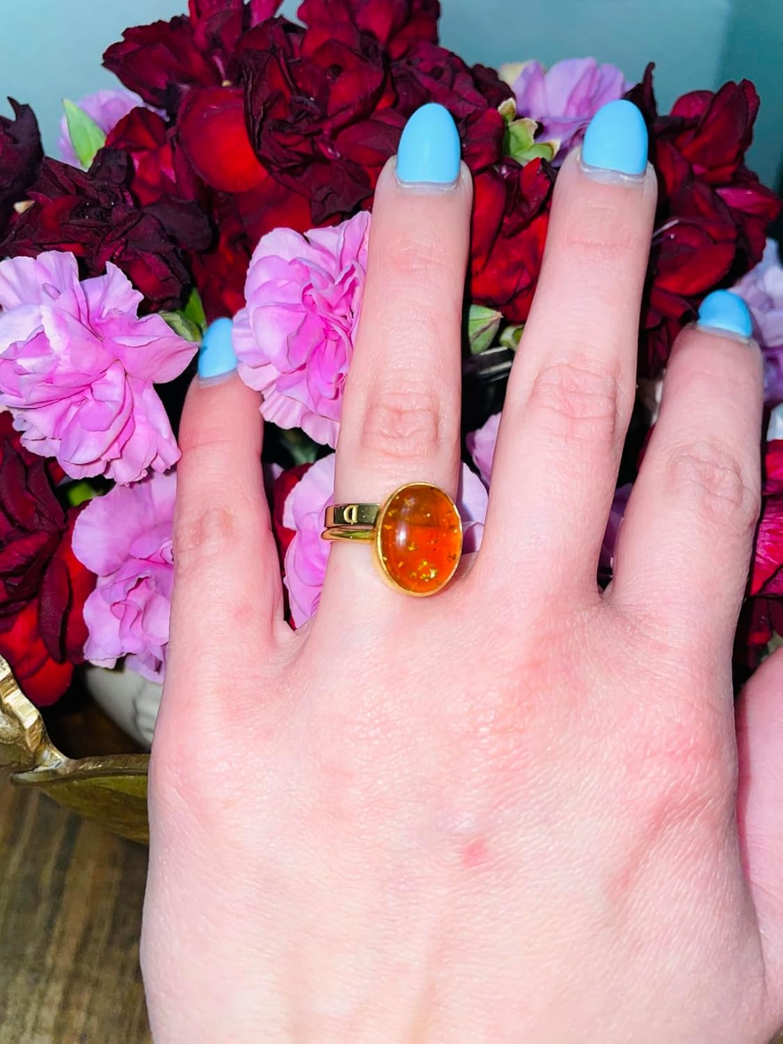 Handmade Baltic Amber Oval Gemstone Dainty Minimalist Ring | 14k Yellow Gold Vermeil 925 Sterling Silver Statement Ring | Everyday Wear Rings For Women
