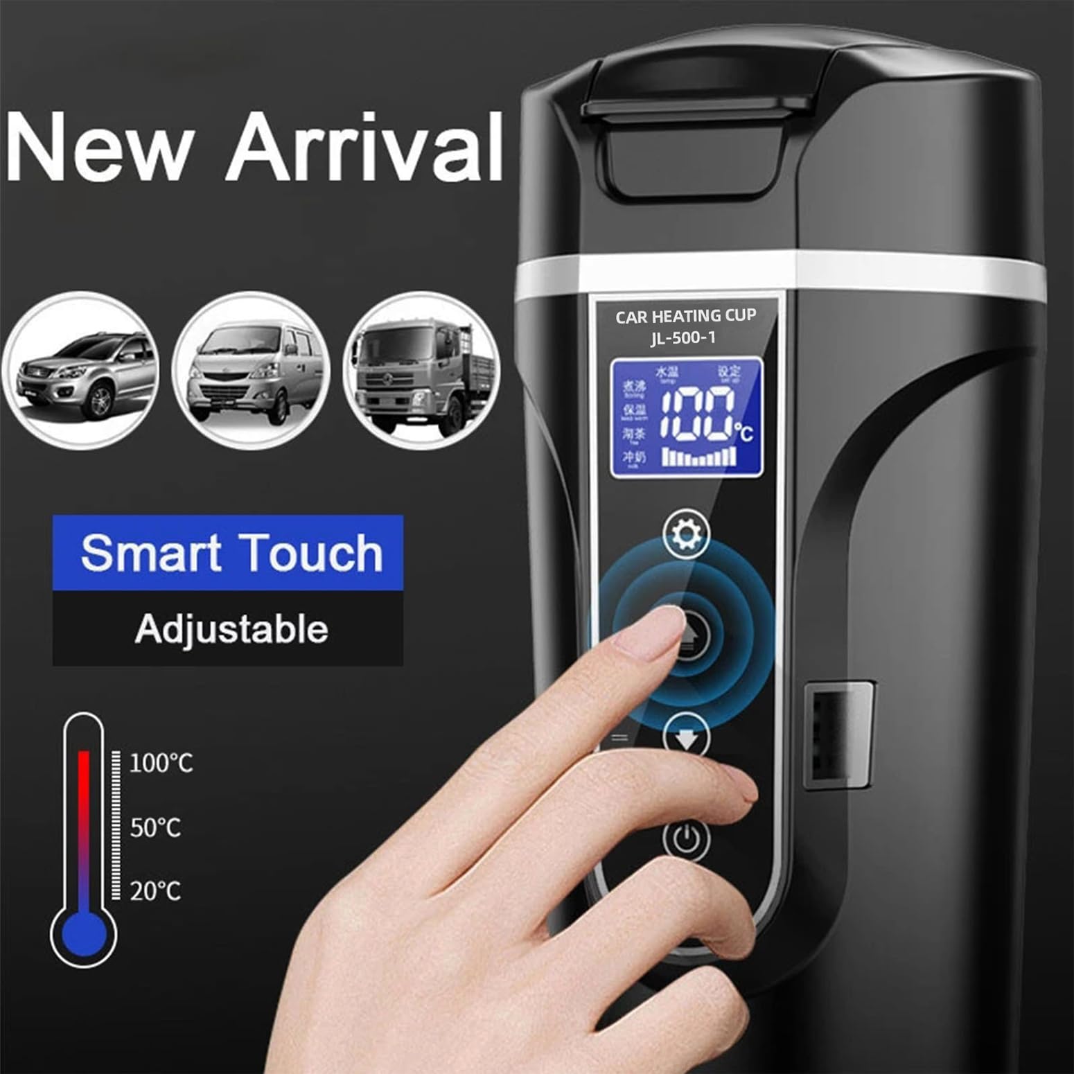 Bollitore Riscaldato per Veicolo,mini bollitore da viaggio 12V accendisigari,bollitore per auto elettrico in acciaio inossidabile 304,termos per auto/camion con display LCD a temperatura regolabile