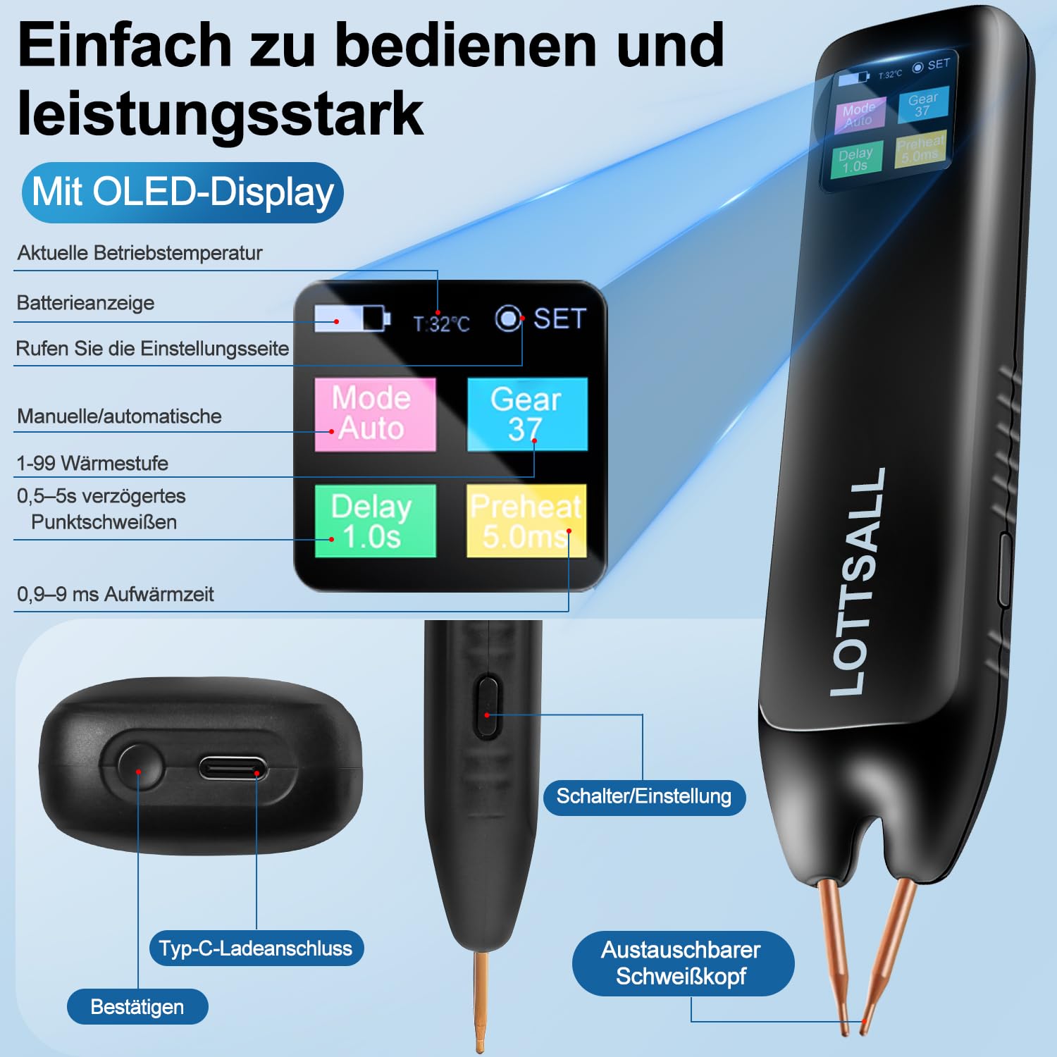 Handheld Akku Punktschweißgerät mit Automatischen und Manuellen Modi, 99 einstellbaren Geschwindigkeiten für DIY-Akkupacks, LED-Anzeige