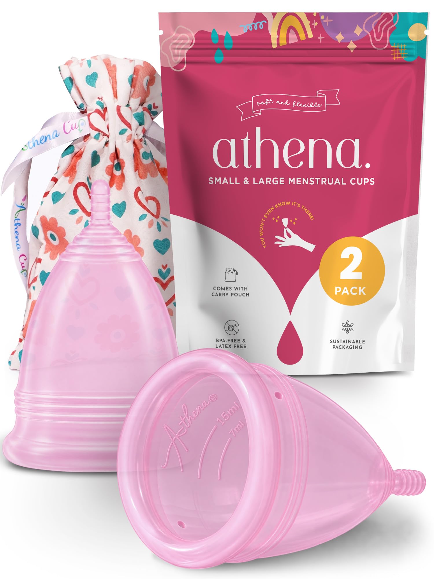 Athena Menstrual Cups 2 Pack - Large and Small Set - The Original Softer Reusable Period Cups for Women – for Light to Heavy Flow – No Shift Menstruation Cup with Form Fit Rim for Easy Insertion