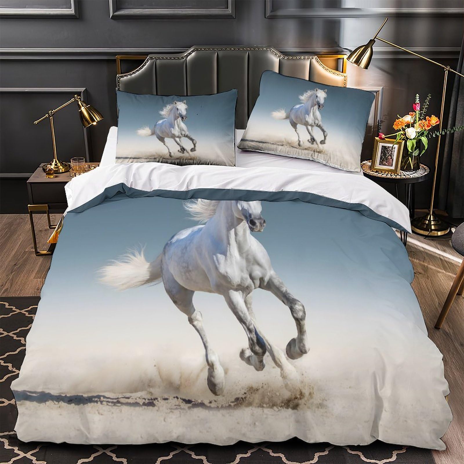 Housse de couette cheval blanc double 200x200 microfbre 3D