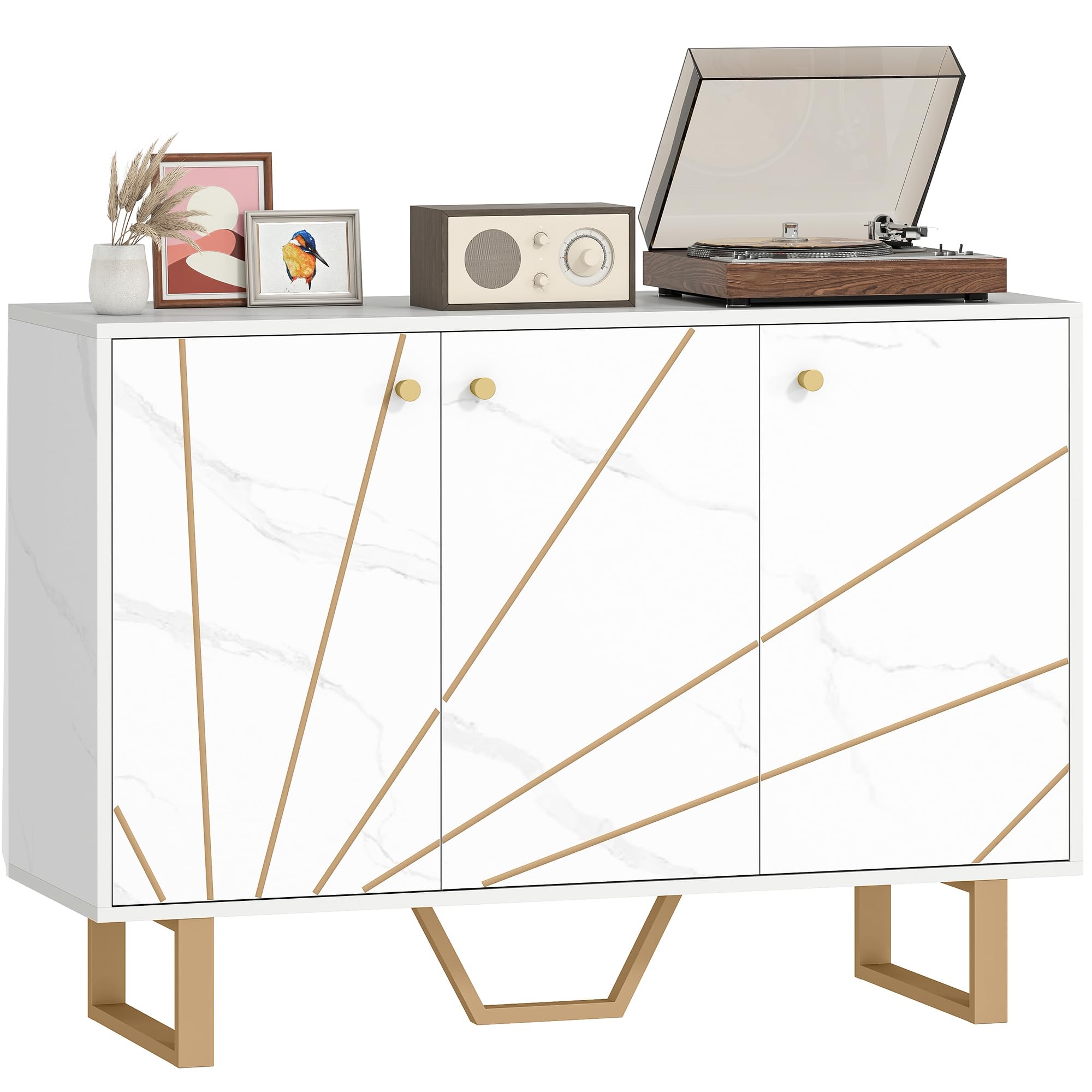 HOMCOM Sideboard Storage Cabinet with Adjustable Shelves White Marble Tone