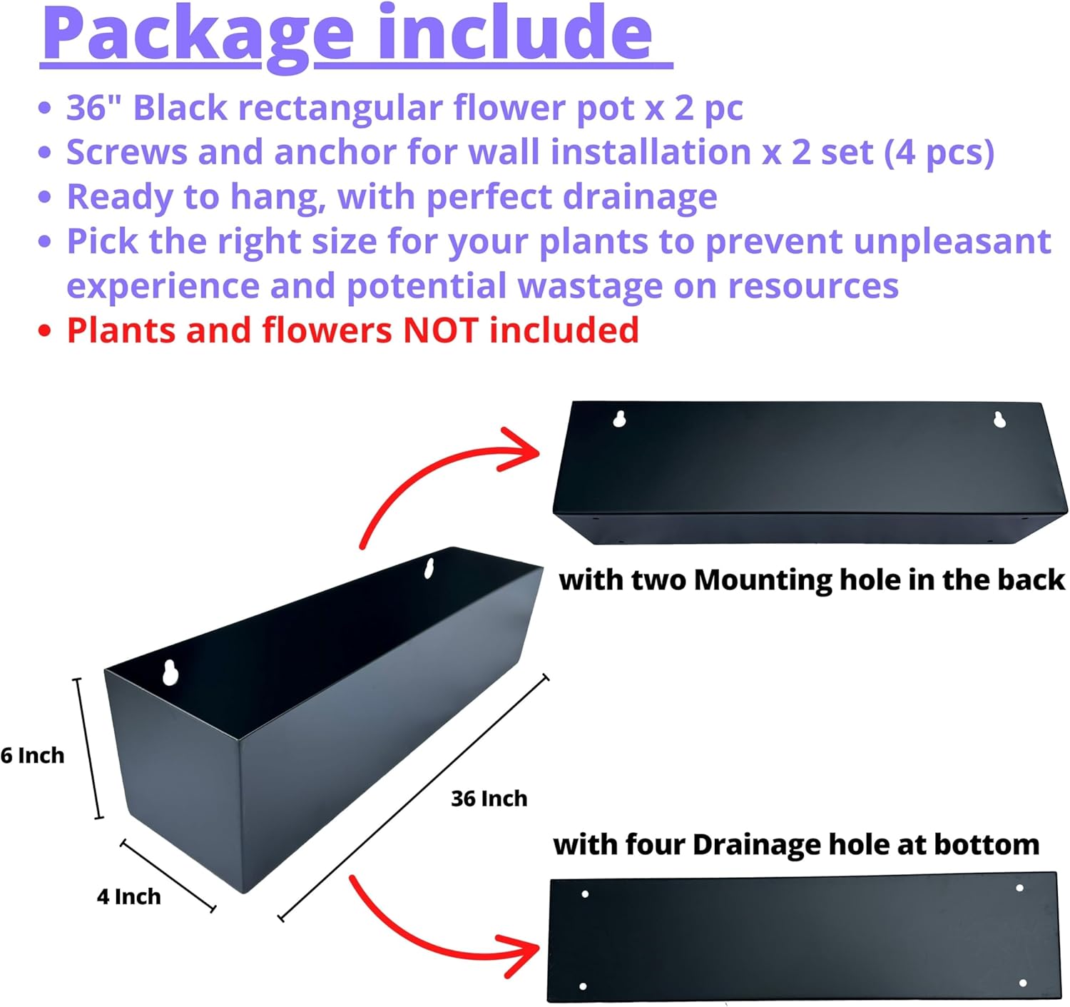 LaLaGreen Wall Planters (36 Inch, 2 Pack) Carbon Steel Black Metal Hanging Flower Pot for Succulents, Wall Mount Rectangular Long Window Sill Box Balcony Fence Floating Garden Shelf for Outdoor Decor