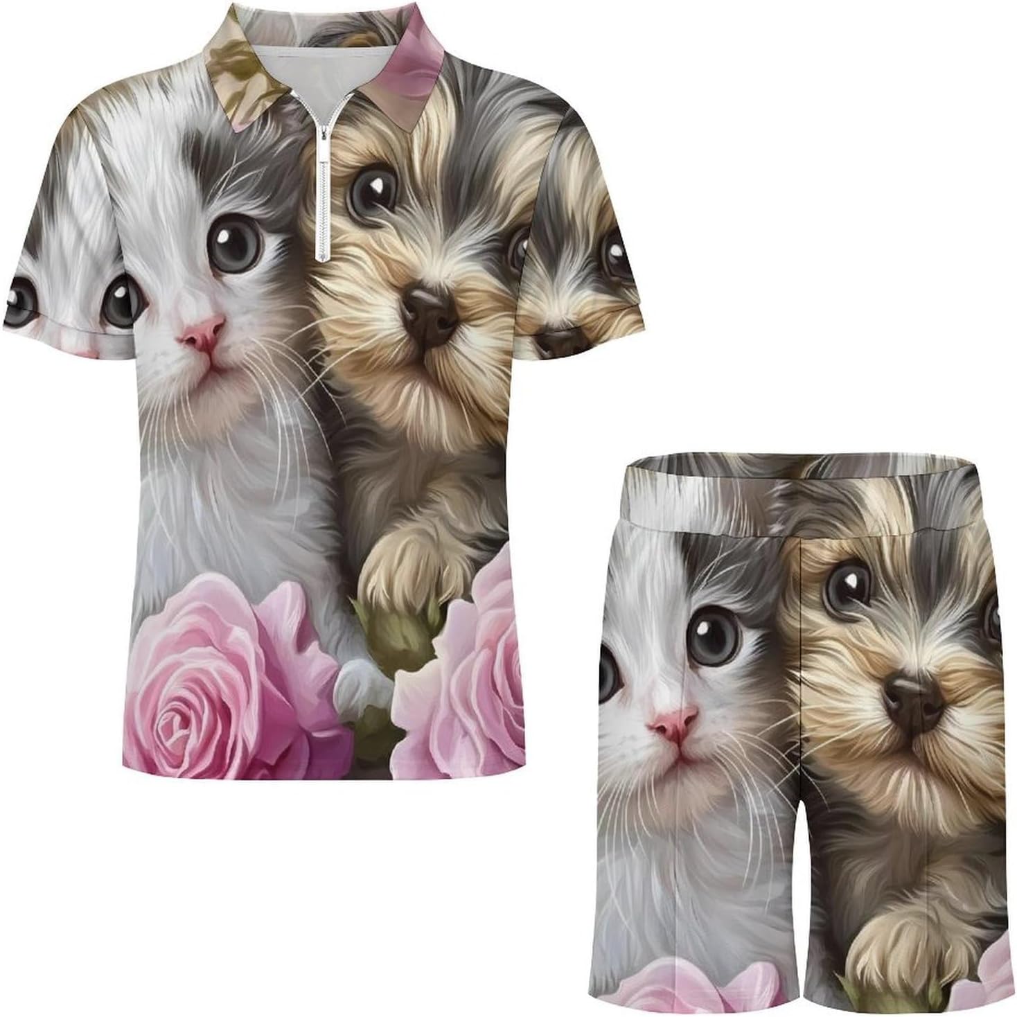 Rose Flower Sweet Love Puppy Kitten Mens Polo Shirts Track Suits 2 Piece Short Sleeve Sweatsuit 1/4 Zip Golf Loungewear for Sports