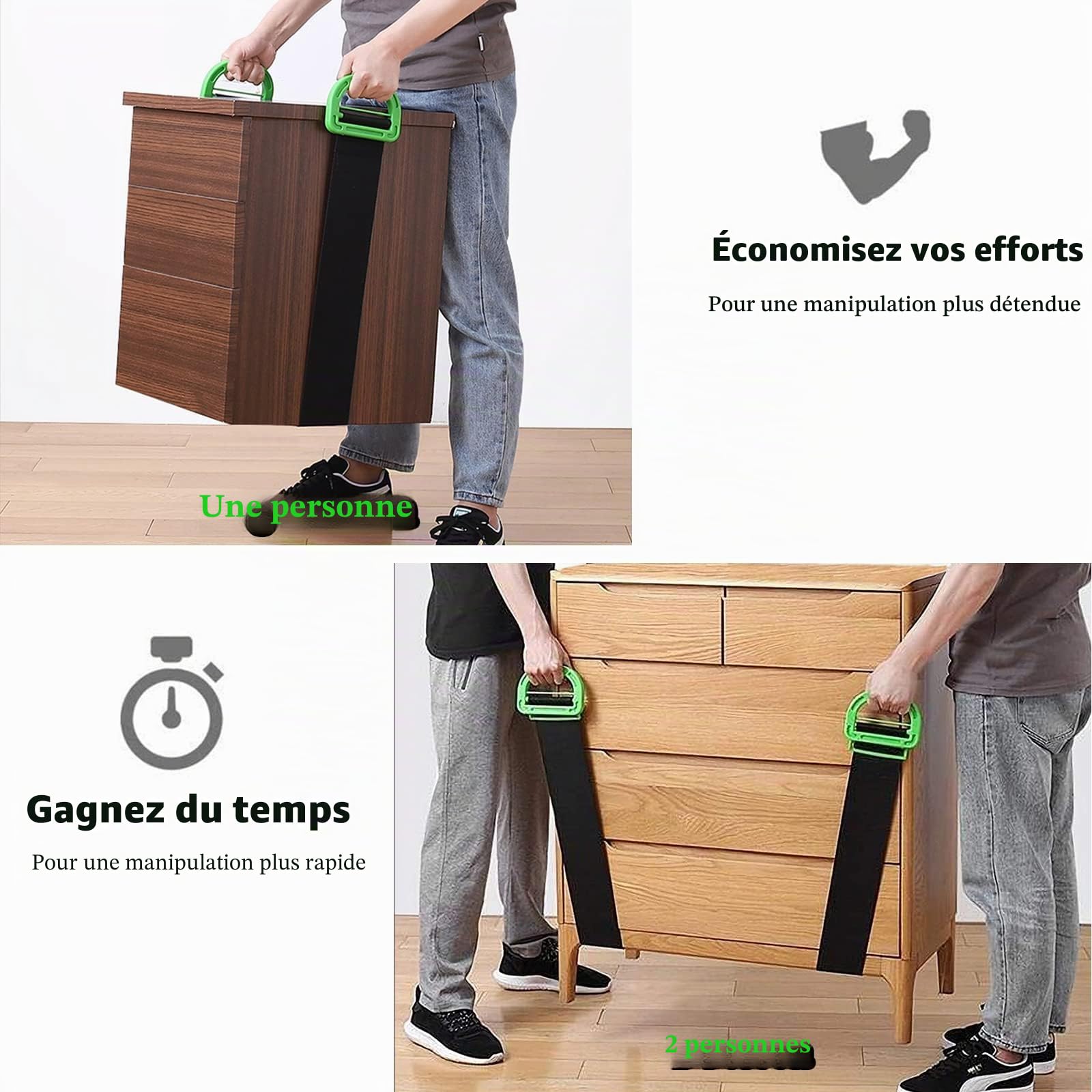 Sangle Demenagement, Lot de 2 Sangle de Levage pour Meubles Boîtes Matelas Construction, Sangles de Manutention avec 2 Paires de Gants, Sangles de Transport pour Déménagement