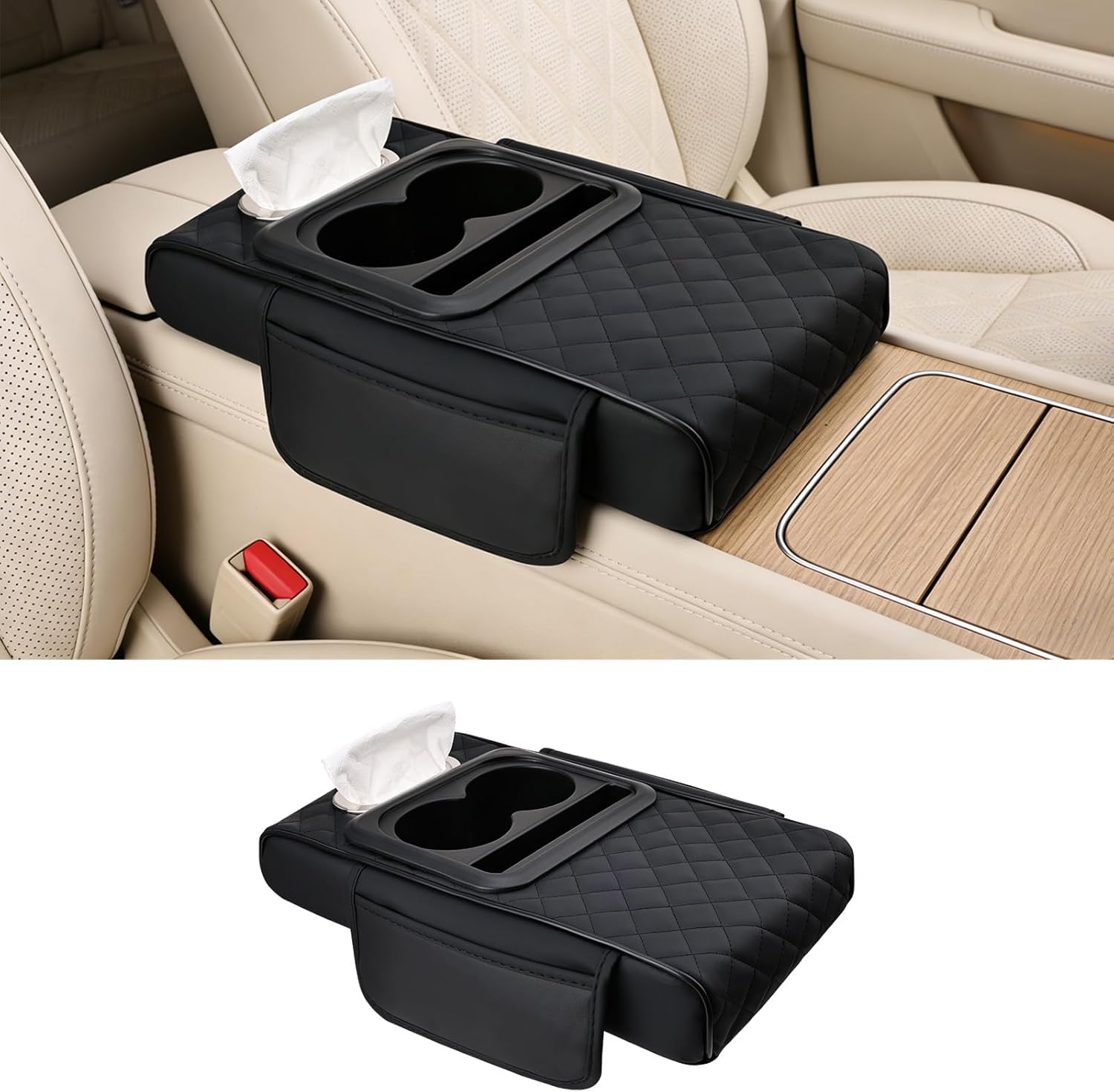Coussin d’accoudoir de Voiture Universel Multifonction,Housse Console Centrale avec Poches et Porte-gobelet – rehausseur en Mousse mémoire,Cuir synthétique PU,pour Voitures,SUV,camions (Noir)