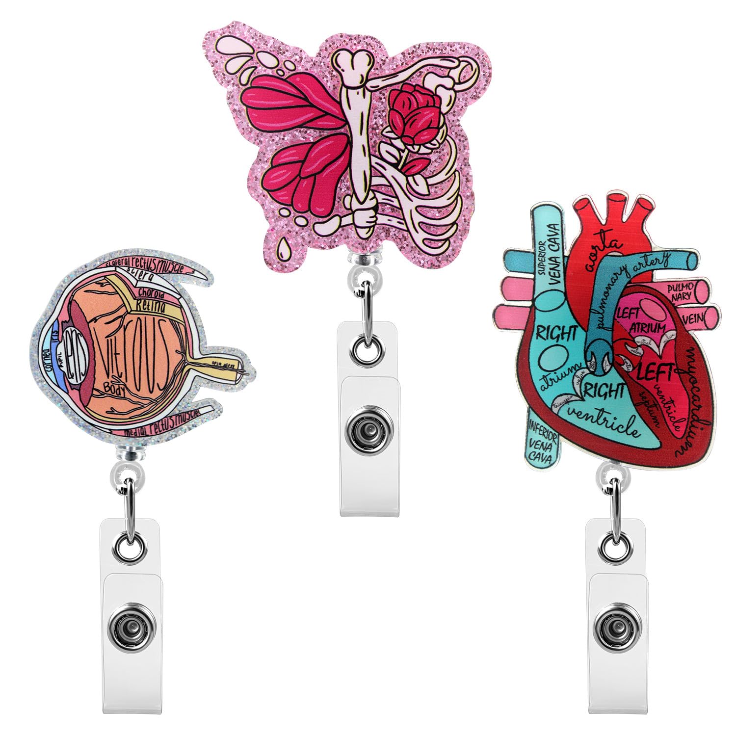 3 Pcs Medical Retractable Badge Reel Set Heart Nurse Badge Holder | Ribcage Retractable Funny Glitter Acrylic ID Card Holder with Alligator Clip for Nurses, Doctors & Students | Card Holder for Reel