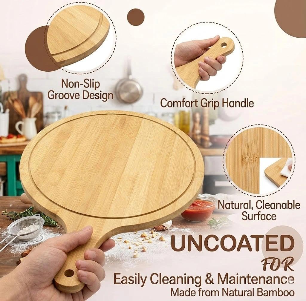 2 piatti per pizza, in legno, con scanalature, 30 cm, rotondi, per tritare e servire salumi, formaggio, pane, pizza, bistecca