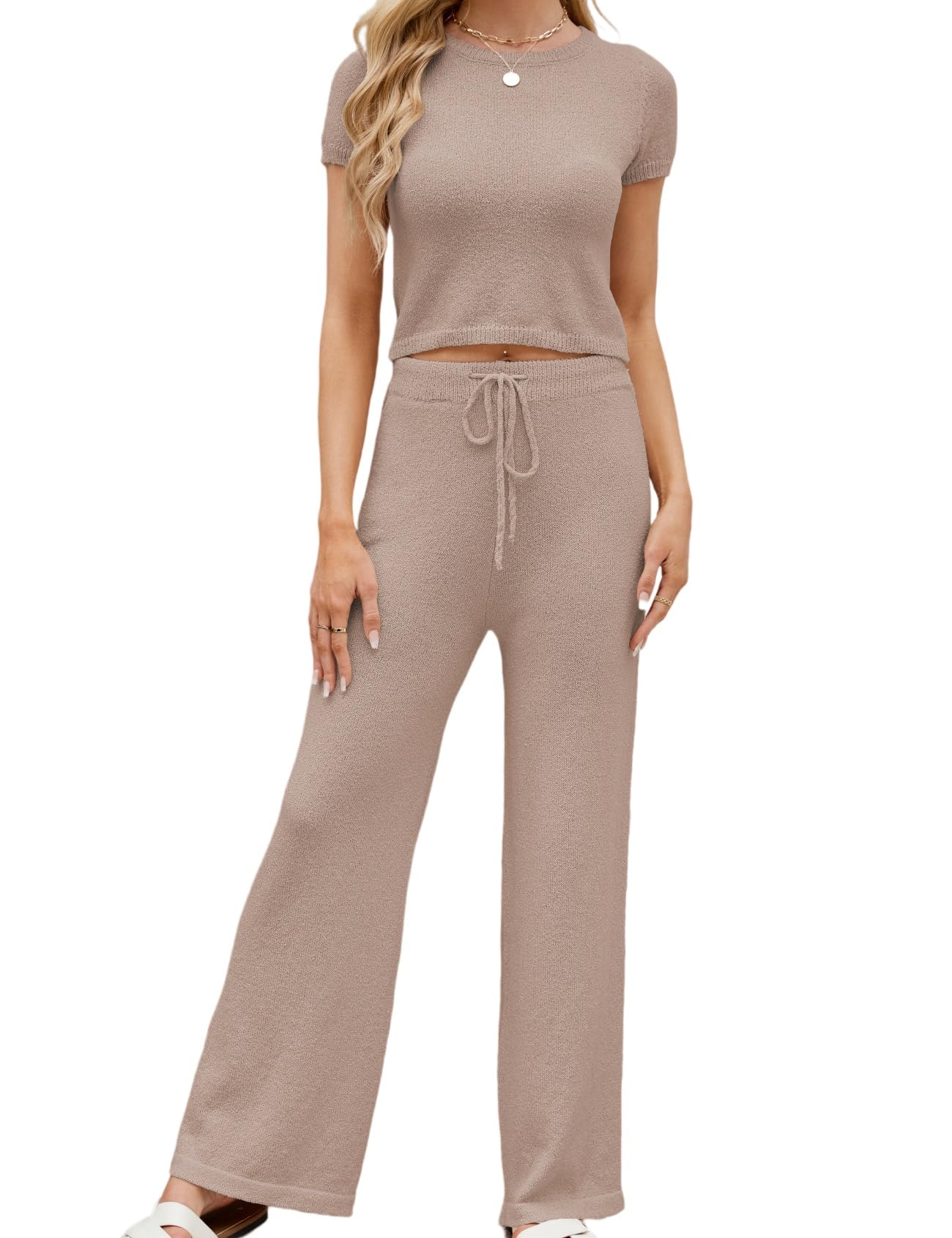 Perbai Womens 2 Piece Ribbed Knit Summer Outfits Crewneck Short Sleeve Crop Sweater Top Wide Leg Palazzo Pants Lounge Sets