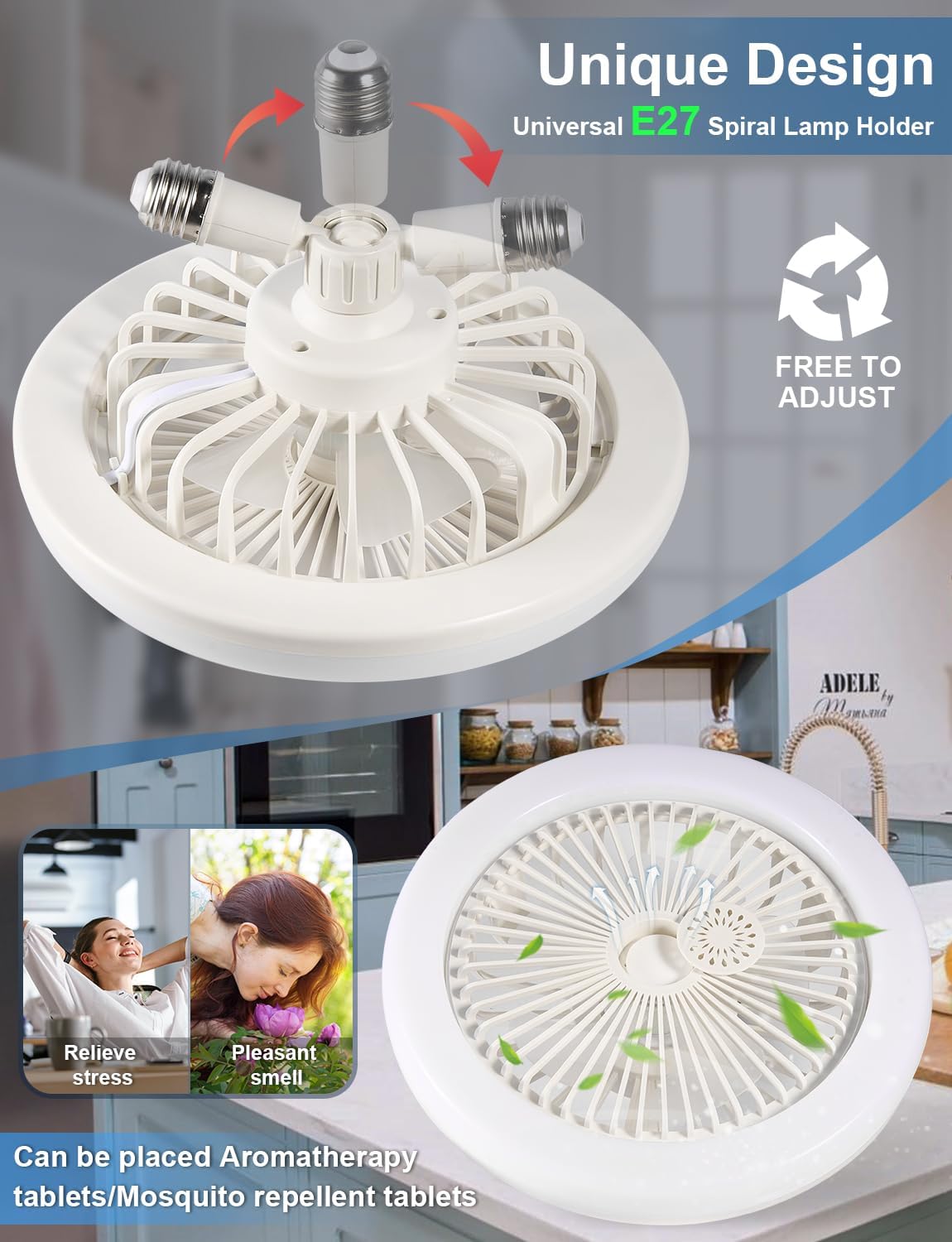 CornerSmith Enclosed Ceiling Fan with Light - Small 10-inch Bladeless Socket Fans with Remote Control, Dimmable LED Lights 3 Gear Wind Speeds for Garage Tool Room/Store Room/Kitchen/Bathroom, FS-01-W