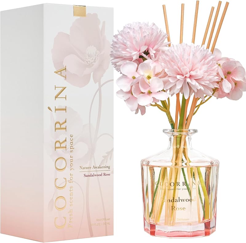 COCORRÍNA Difusor de caña – Rosa de sándalo 8.5 onzas líquidas Juego de difusor de caña de flores con 8 varillas, difusor de caña de fragancia para el hogar, dormitorio, oficina, baño, decoración de estantes (colección maestra)