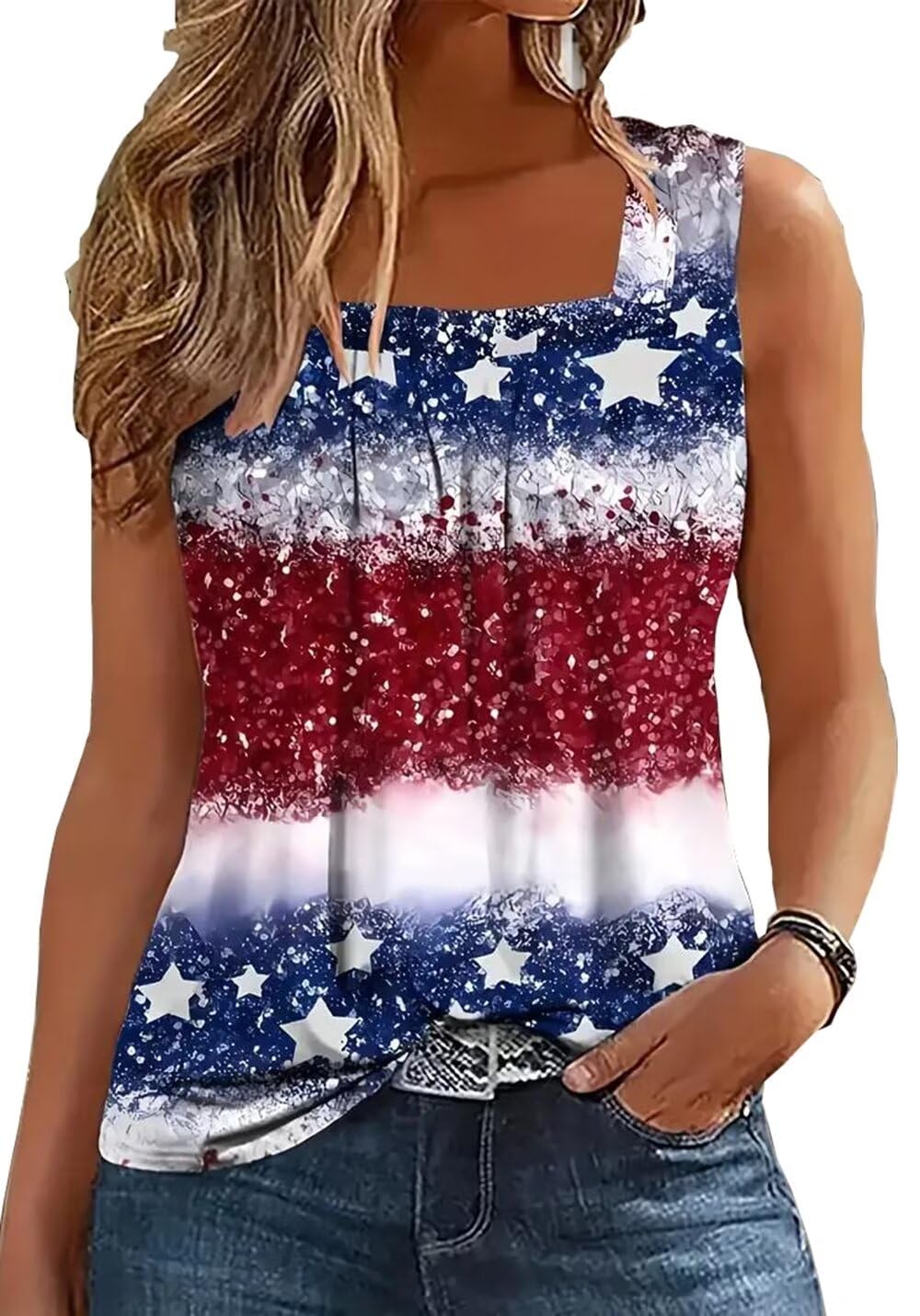 AIMITAG Color Block Ruffled Square Collar Tank Top Women Striped Tank Tee Summer Casual Loose Fit Sleeveless Shirt