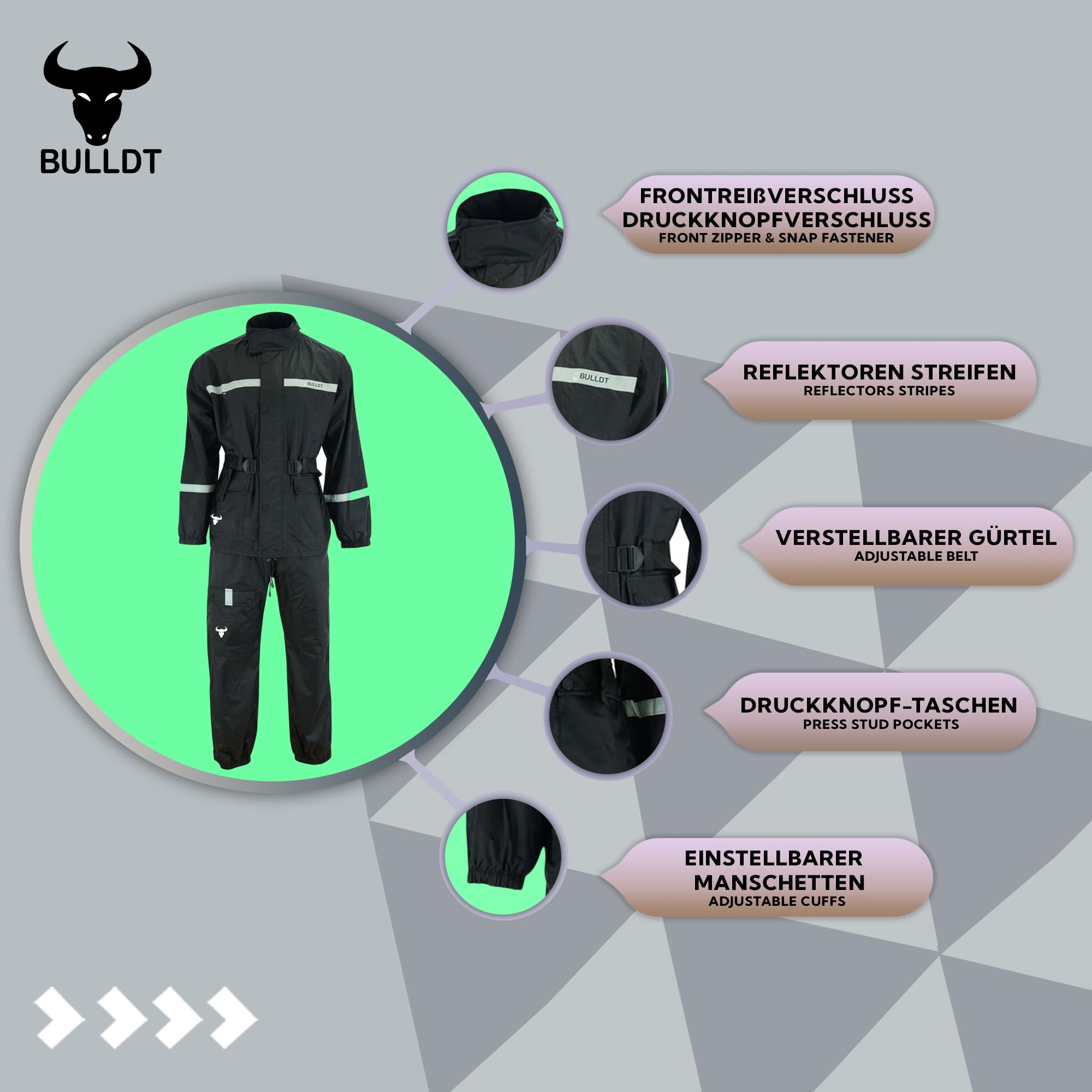 BULLDT Motorrad Regenkombi 2-teilig für Herren – Wasserdichte Regenjacke & Regenhose - luftzirkulierend Mesh-Innenfutter, reflektierend & winddicht – ideal für Motorradfahrer, Fahrradfahrer & Outdoor