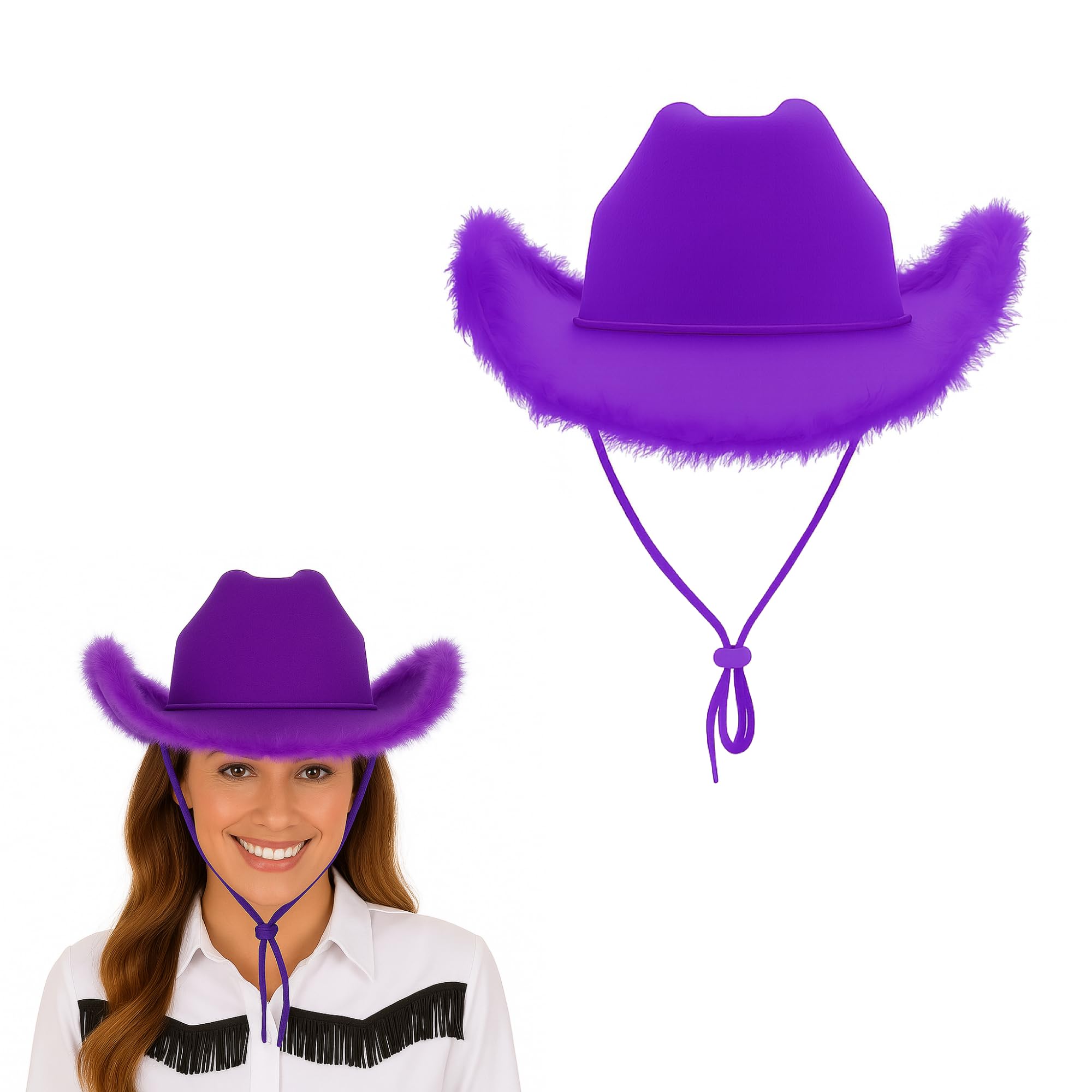 Lizzy Fluffy Texan Cowboy Hat Wide Brim Felt with Feather Trim Western Style Fancy Dress for Parties Festivals Halloween Stag Hen Birthday Costume Accessory Lightweight Comfortable Fit - Purple