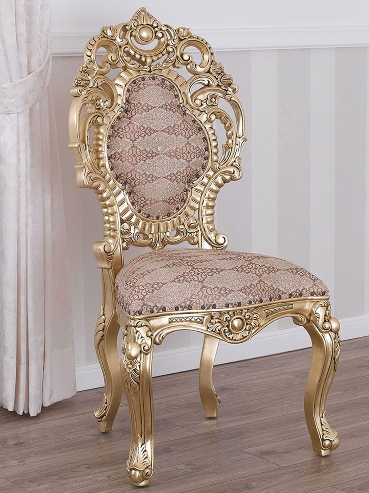 Simone Guarracino Luxury Design Chair Juana French Baroque style gold leaf damask fabric ivory and gold buttons crystal Sw