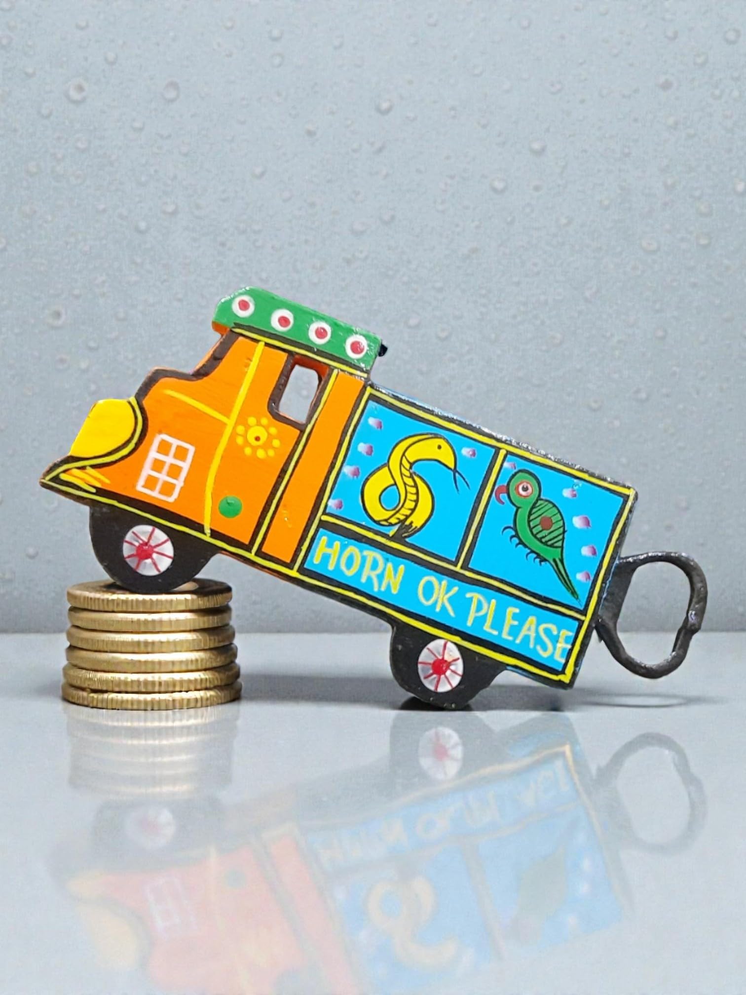 Hand Painted Wooden Truck Shape Fridge Magnet Cum Bottle Opener, Horn OK Please Design, Multicolor-image-33