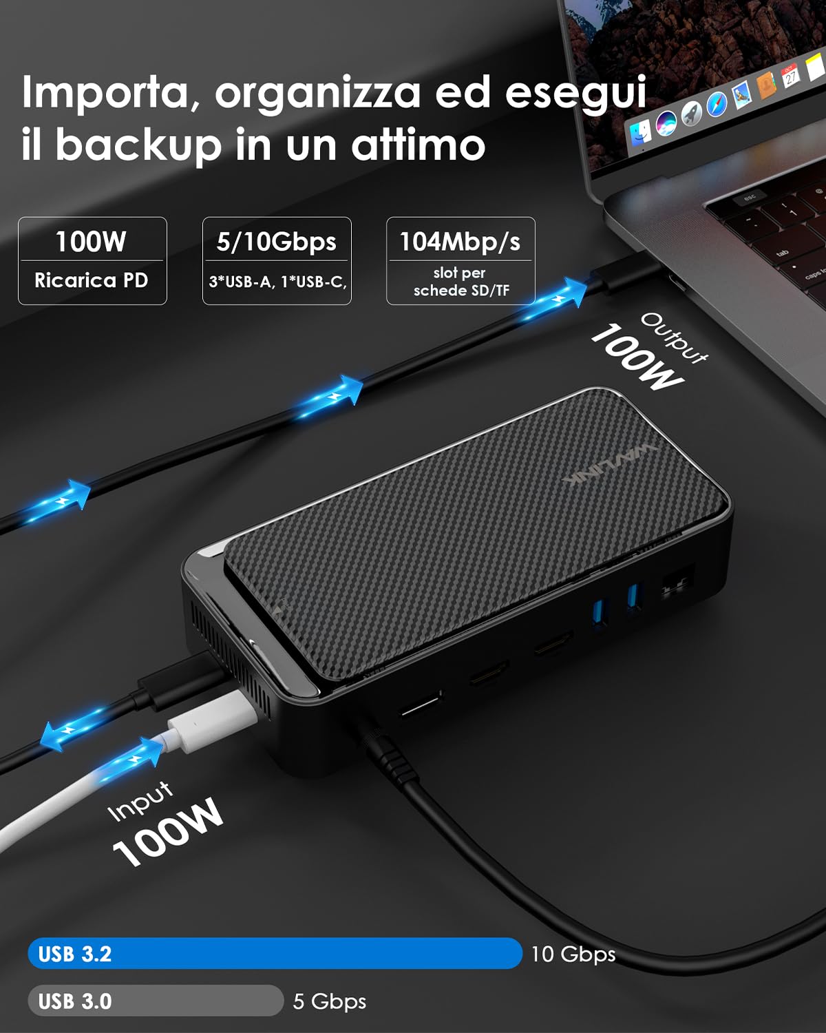 WAVLINK Docking station USB-C, Dock per Laptop 12-in-1 con Alloggiamento SSD M.2 PCIe/SATA, Triplo Display (3 * 4K a 60 Hz, 2 HDMI/1 DP), 100W PD, USB C/A, SD/TF, Gigabit per MacOS e Windows