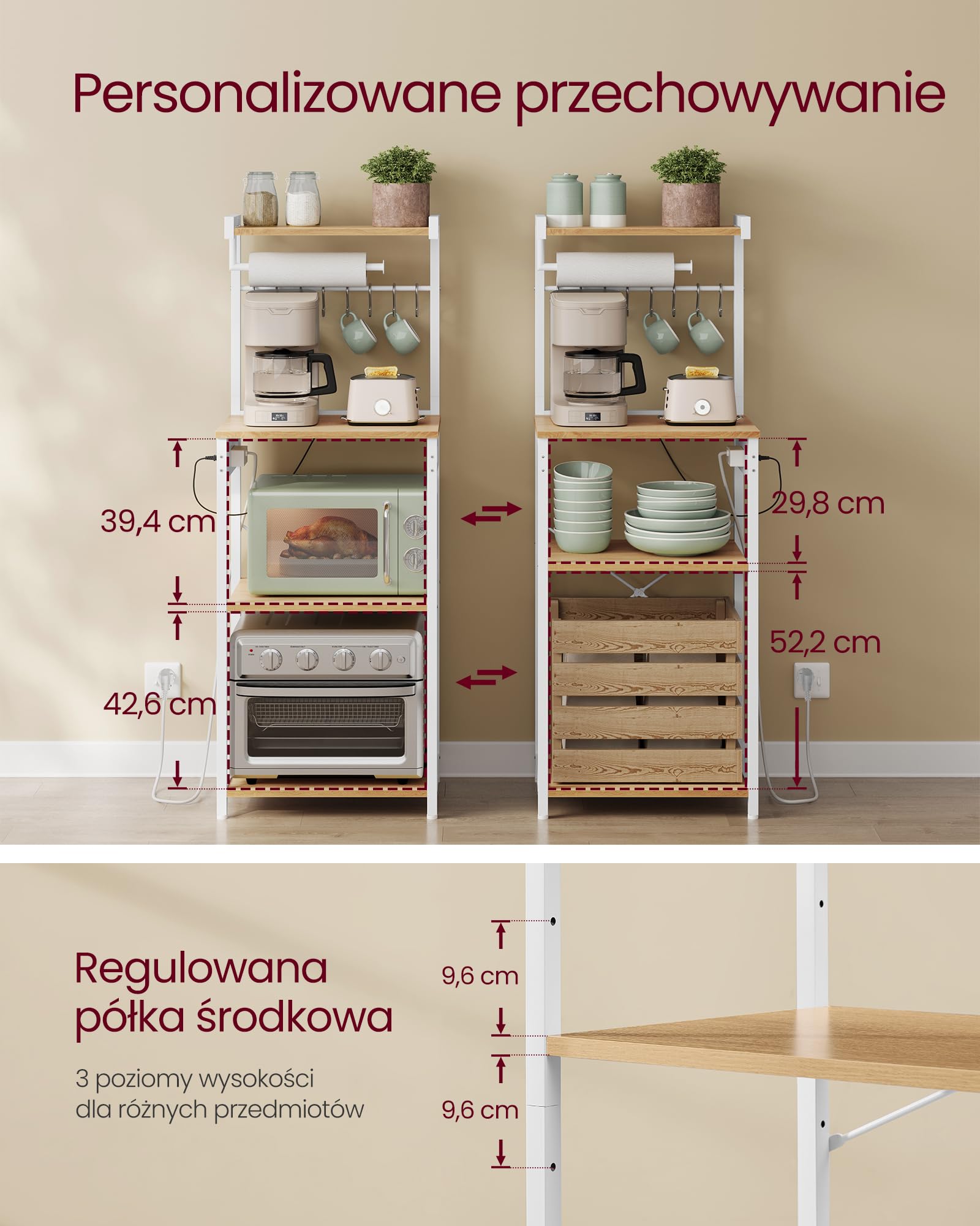 VASAGLE Półka kuchenna z wieloma gniazdami, 4-poziomowy bar kawowy z regulowaną półką, 8 haczyków S, uchwyt do mikrofalówki, 40 x 45 x 140 cm, złoty dąb i biała chmura KKS013YA02