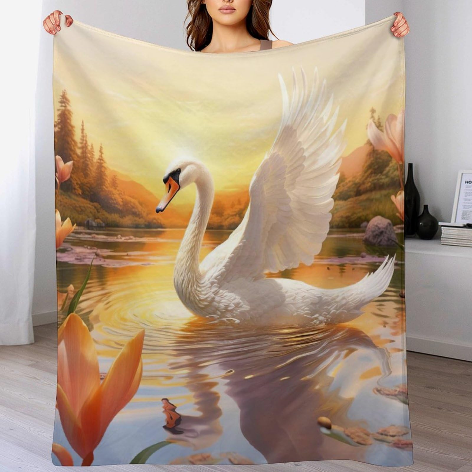 Couvertures douce moelleuse et chaude en flannel haut de gamme motif cygne