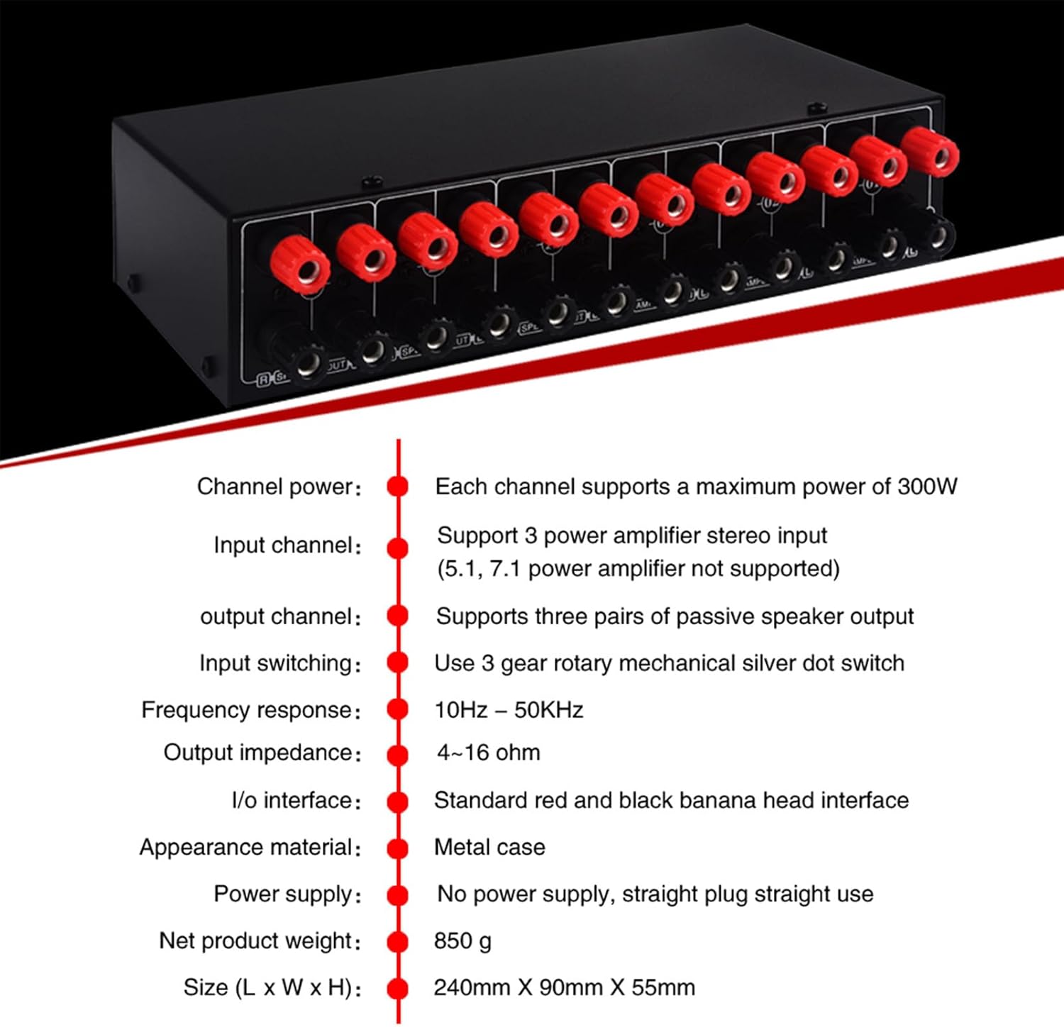Speaker Selector Switch 3 Input 3 Output Power Amplifier Speaker Selector Switcher 300W Per Channel Speaker Switch Dispenser Comparator Plug and Play for Home Audio System