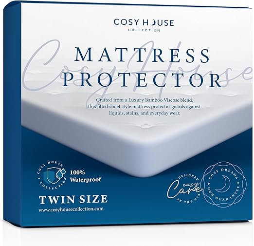 Cosy House Collection Luxury Mattress Protector - Blend of Rayon Derived from Bamboo - College Dorm Room Essentials - Ultra Soft Comfort, Stays Cool & Quiet - Premium Fitted Sheet Style (Twin) White