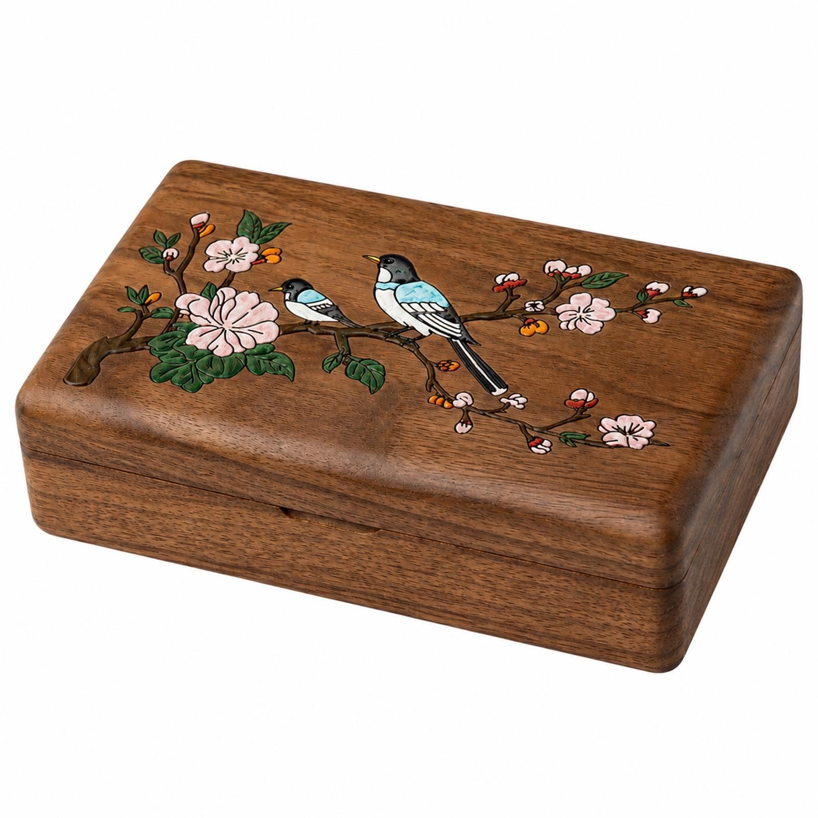 Portagioie In Legno Con Coperchio Con Uccelli E Fiori, Velluto