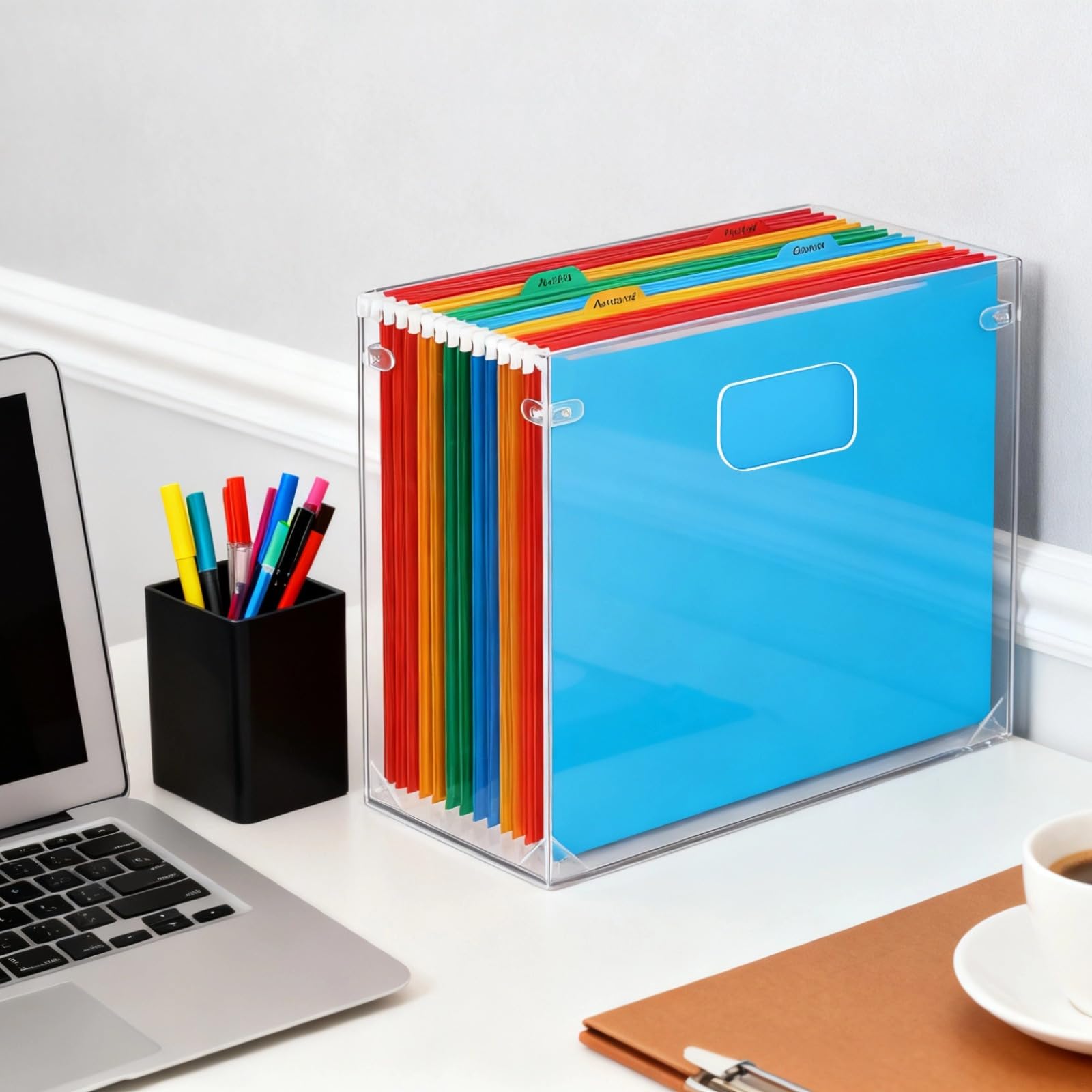 Schreibtisch-Organizer aus Acryl: Transparent, Hängemappen-Box mit Griff, große Kapazität für Dateien und Kleinteile