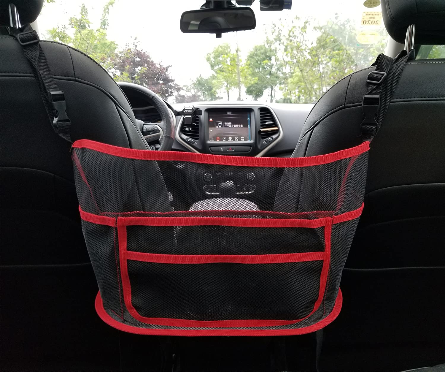 Car Net Pocket Handbag Holder, Driver Storage Netting Pouch for Purses and Bags Front Seat, Attaches to Headrest (Upgrade-Red)
