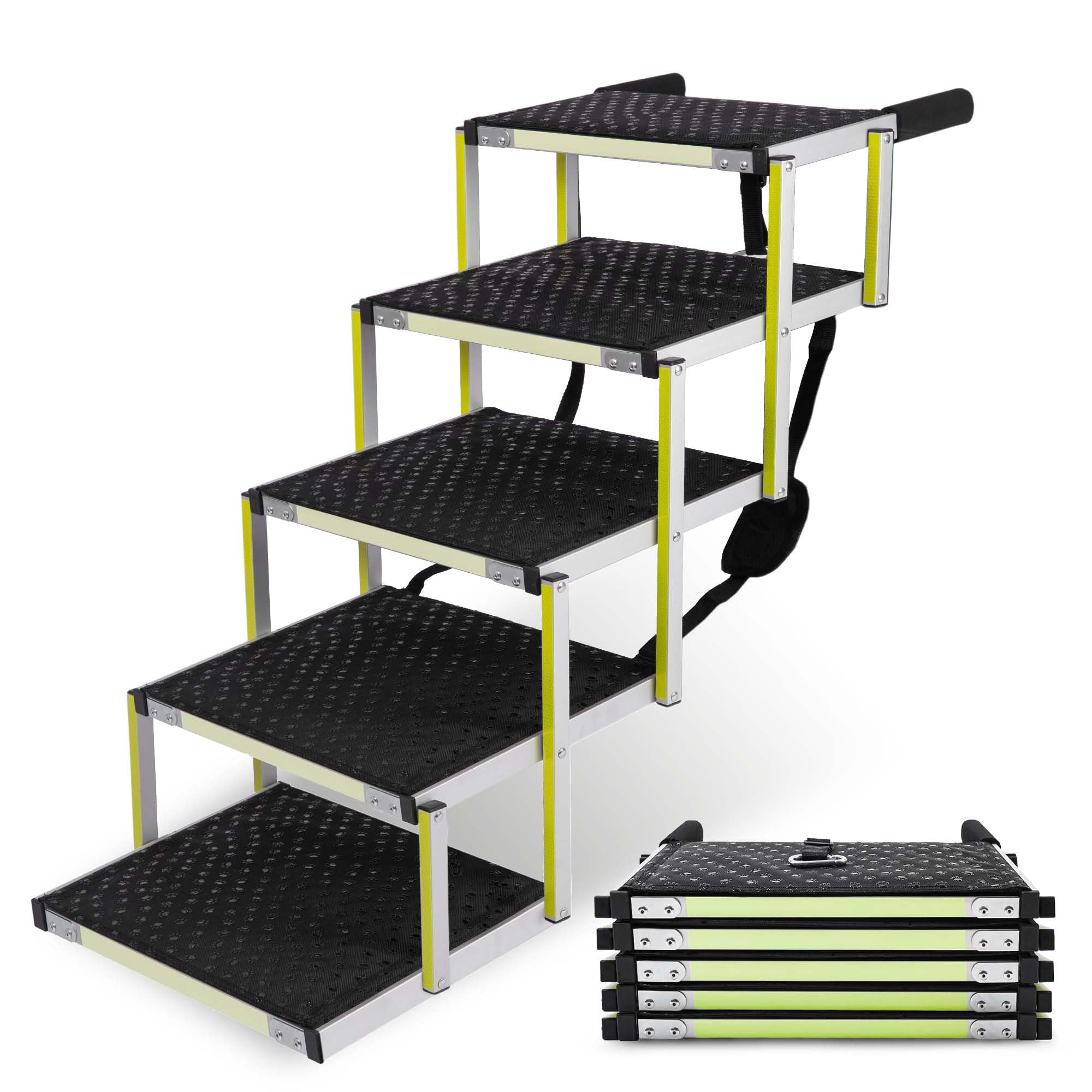 Escaleras para Perros Pequeños o Grandes PRIORPET - Marca Que Brilla en la Oscuridad - Rampa de Coche Plegable - Adecuada para Todos los Coches - Superficie Antideslizante - 5 Escalones