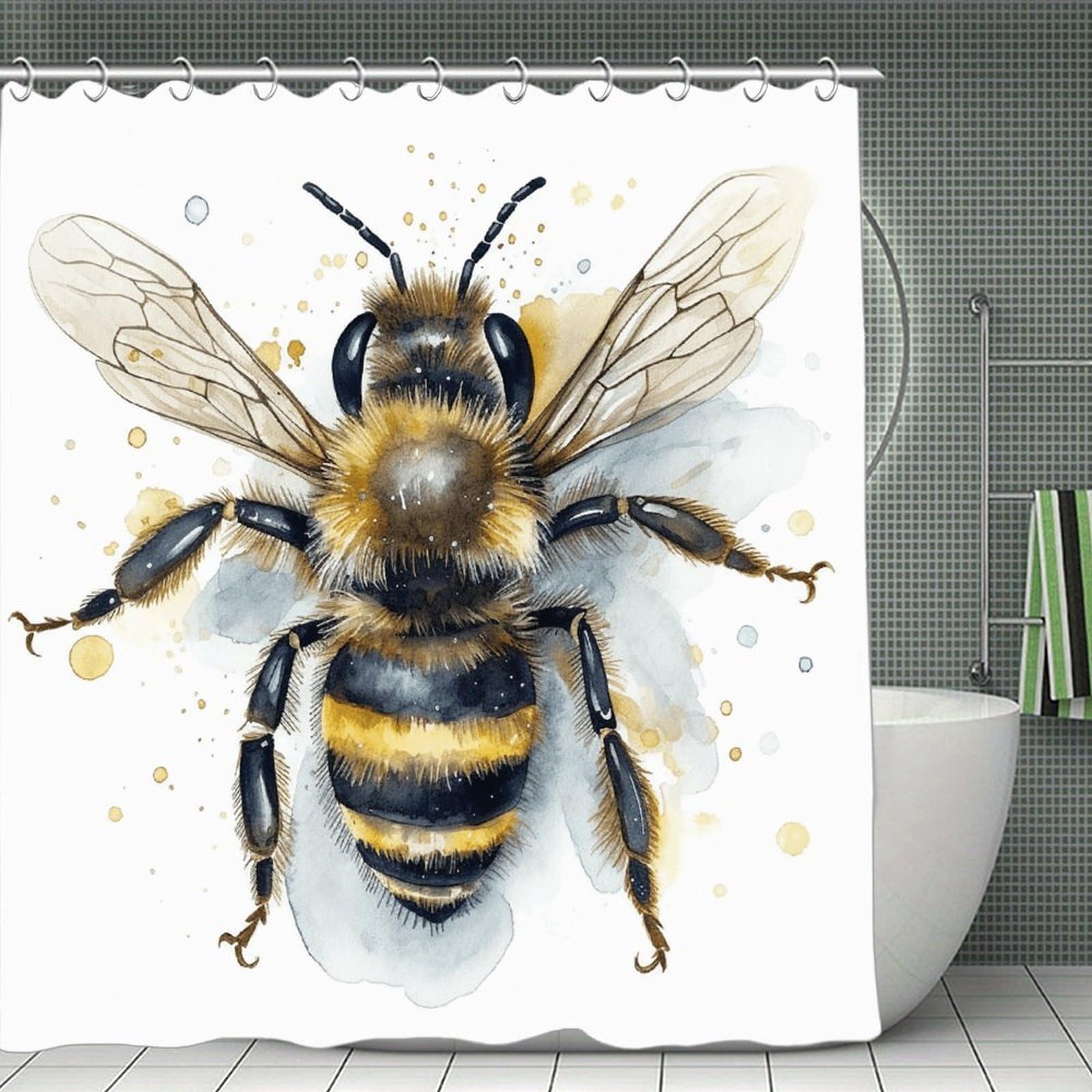 VstaDank Watercolor Bee Bath Curtain Elegant Heavy Duty Shower Curtains 70x70 in Rustic Farmhouse Cloth Shower Curtains Neutral Modern Bath Curtain for Bathroom