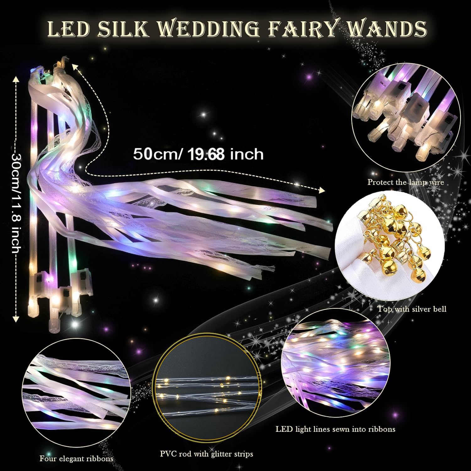 LED Hochzeitswedel – Leuchtende Hochzeitsdeko mit Warmweißem & buntem Licht | mit Bändern und Glöckchen – Wedding Wands Perfekt für Hochzeitsauszug, Partys & Feiern (50)