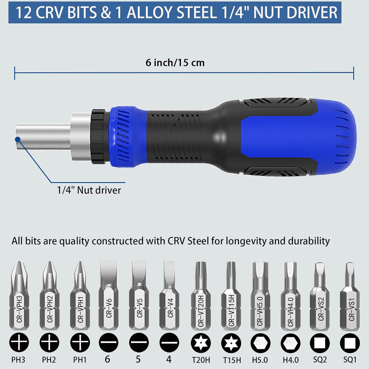 Ratcheting Screwdriver Bit Set, WOOPHEN 13-in-1 Multi Bit Ratchet Screw with Magnetic 1/4 Nut Driver Screwdriver, Suitable for Garage, Home, Workplace and DIY Repair (Blue)
