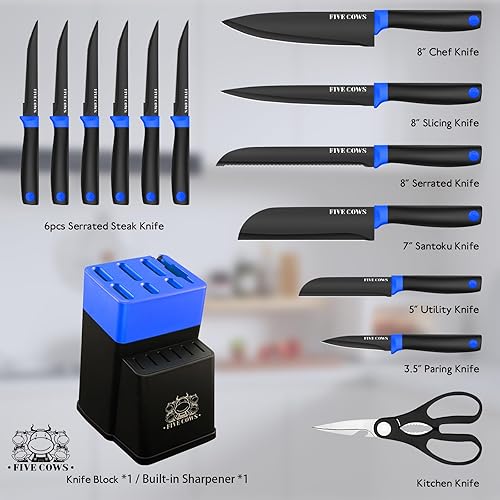 Miniatura 2 de Juego de 14 cuchillos de cocina con afilador alemán de acero inoxidable de alto carbono, afilado y duradero, mango antideslizante ligero, juego
