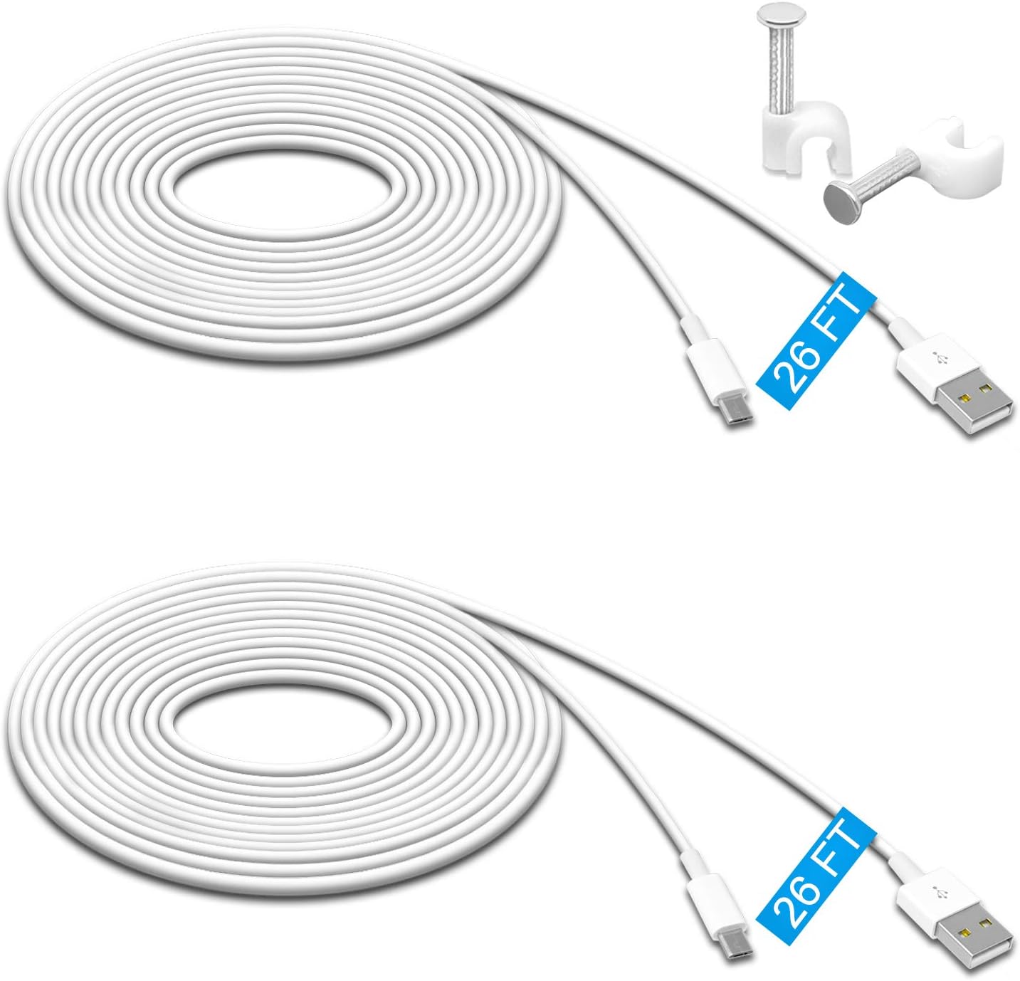 2 Pack 26FT Power Extension Cable for Wyze Cam V3,for Wyze Cam Pan V2,for Wyze Cam Pan,for WyzeCam,for Kasa Cam,for YI Dome Home,for Furbo Dog,for Nest Cam,Charging Data Sync Cord for Security Camera