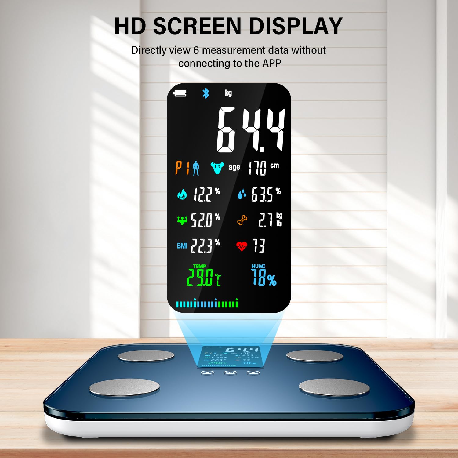 Onherm Bilancia digitale da bagno, bilancia professionale a bioimpedenza con ampio display, può misurare 19 dati corporei con app, bilancia portatile per misurare il grasso