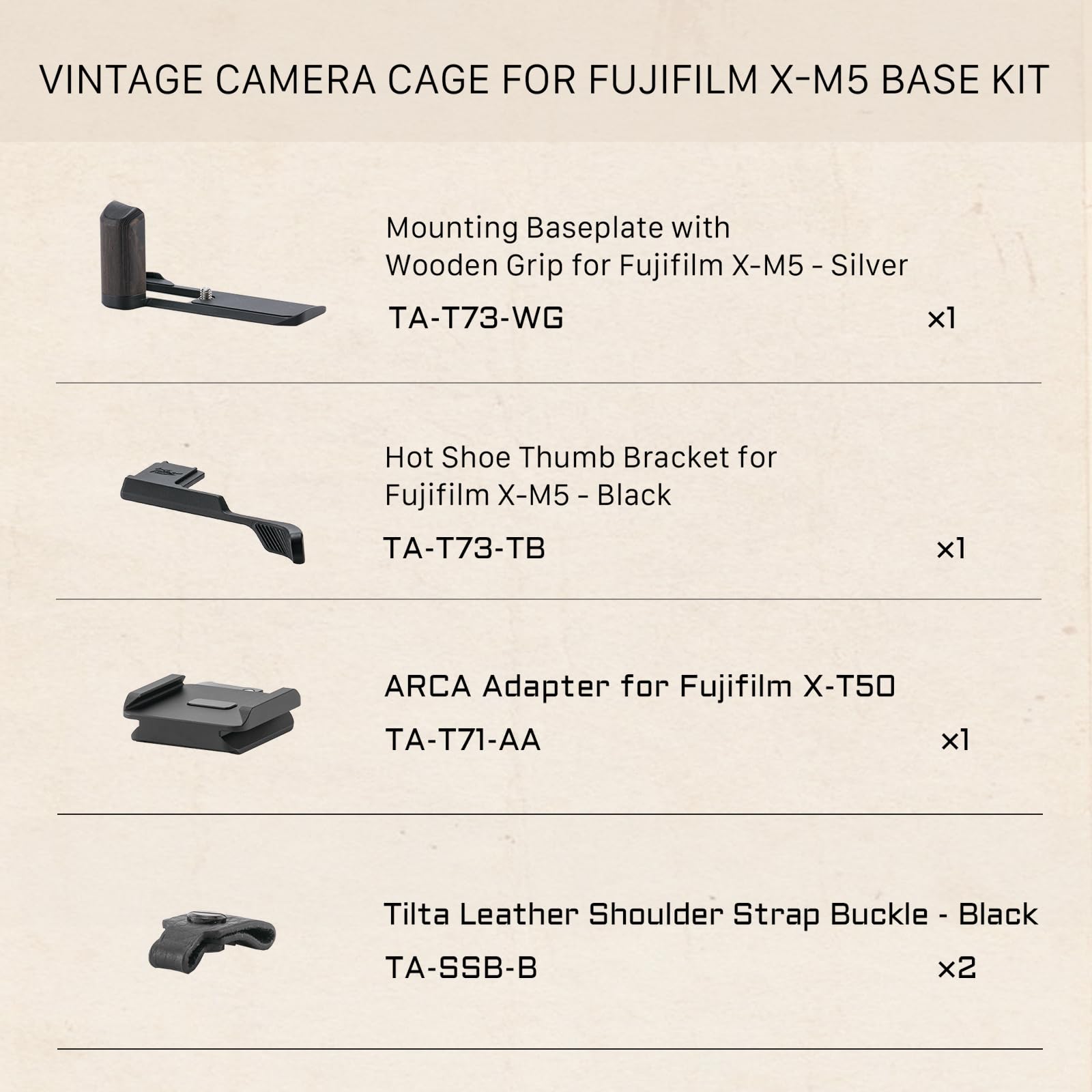 TILTA X M5 Cage, vintage camerakooi compatibel met Fujifilm X M5 basisset met montagegrondplaat met houten grip, hot shoe duim en ARCA adapter   zilver TA T73 A S