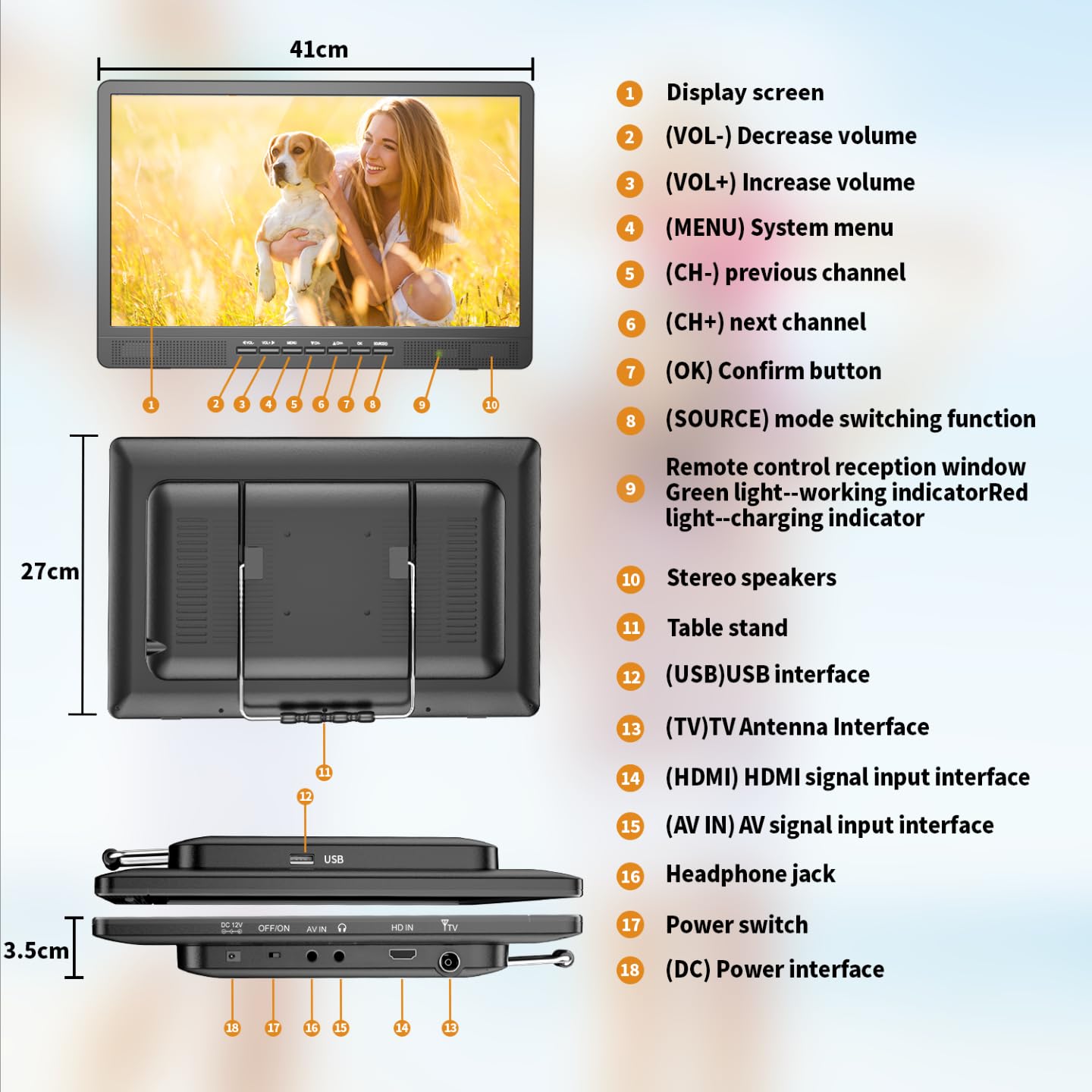 Desobry portable tv, mini TV LCD da 18 pollici con sintonizzatore DVB/T2, TV da 12 V, HD 1080P per campeggio all'aperto, camera da letto, cucina, compatibile con ingresso USB/HDMI/AV