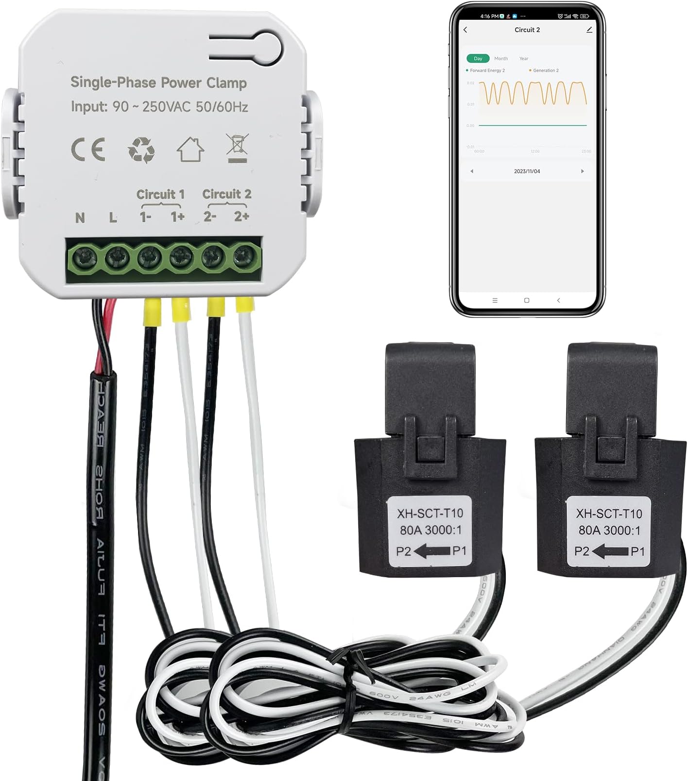OWON Bi-Directional WiFi Energy Monitor with 2 Clamps, 80A Smart Energy Meter for Single Phase Electricity. WiFi Power Meter for Real-time Electricity Monitoring.Track CT KWh Power Consumption at Home