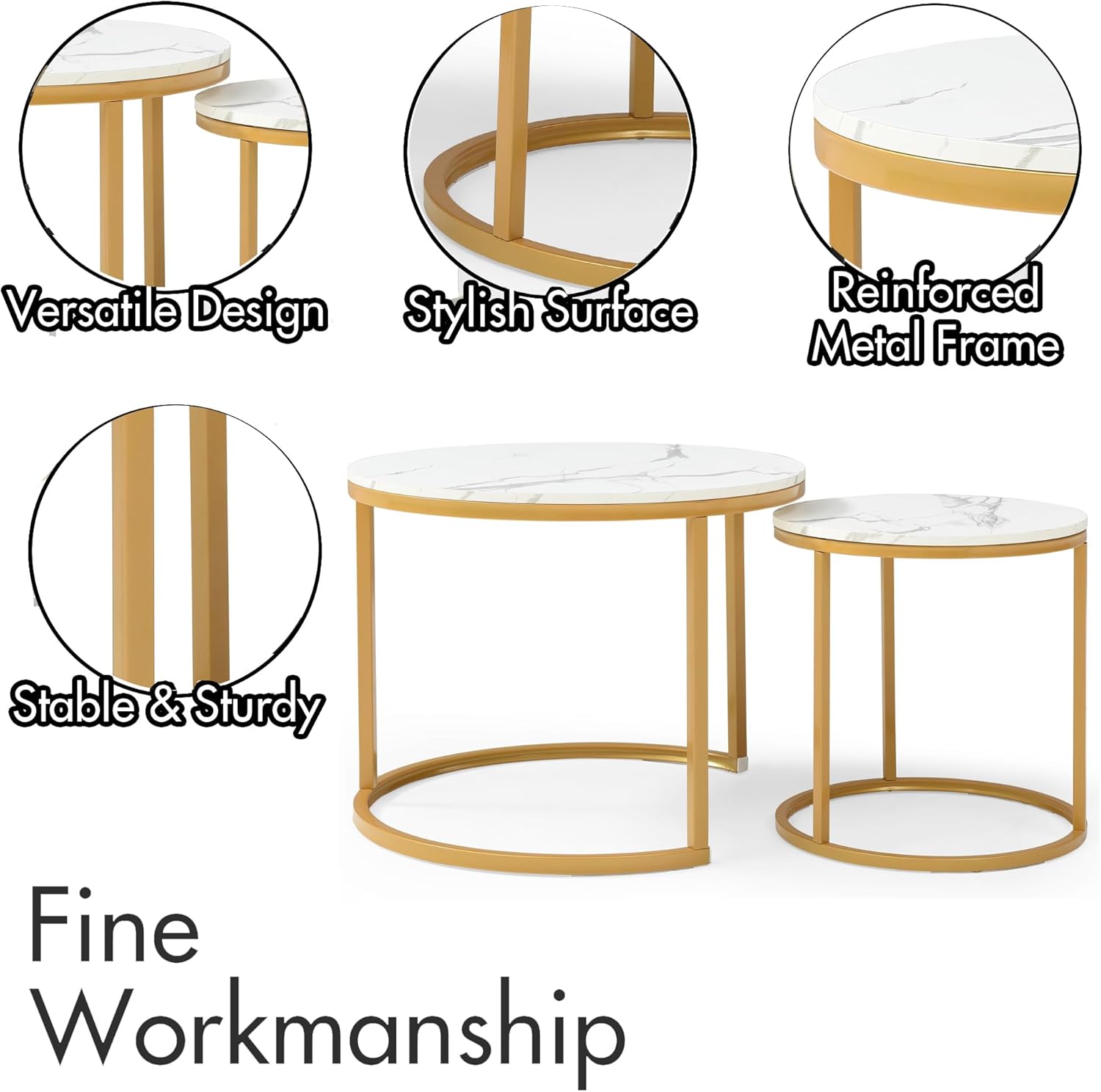 Nesting Coffee Table Set of 2, Side Round End Table Sturdy Metal Frame Desk for Living Room, Bedroom, Apartment,Modern Industrial Simple Nightstand, Gold